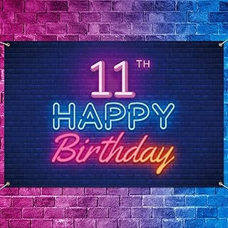 Glow Neon Happy 11th Birthday Backdrop Banner Decor Black â€“ Colorful Glowing 11 Years Old Birthday Party Theme Decorations for Boys Girls Supplies