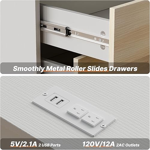 Miniatura 6 de BVIUNTWO Mesita de noche blanca con estación de carga, cómoda de 2 cajones para dormitorio, pequeña cómoda de roble blanco con cajones, mesa