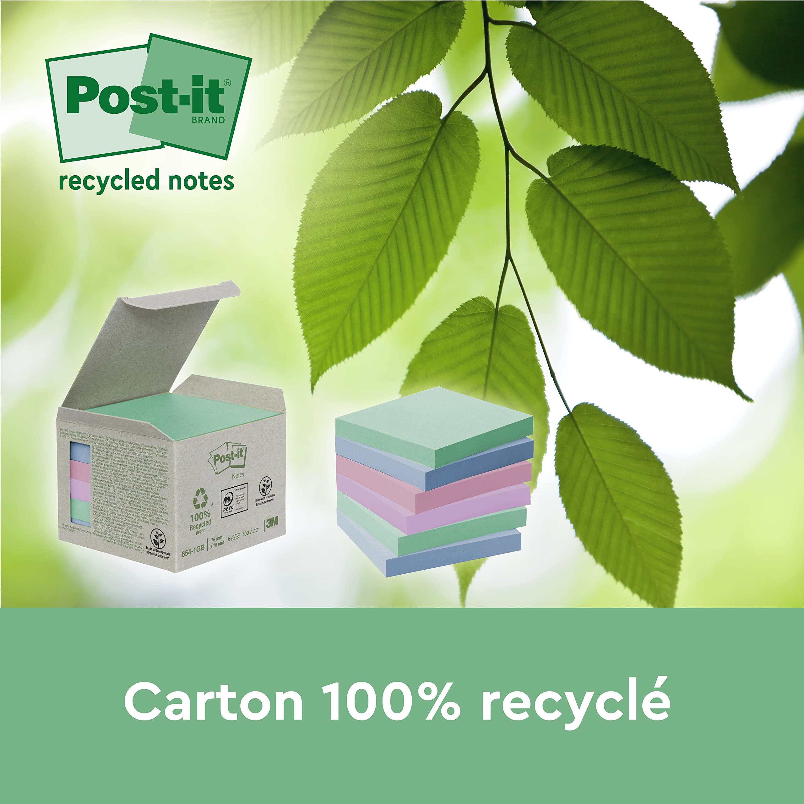 Post-it Notes Autocollantes, Recyclés, Pack de 16 Blocs, 100 Feuilles par Bloc, 76 mm x 127, Vert, Rose, Bleu, Jaune - Notes Autocollantes Fabriquées à partir de Papier 100% Recyclé