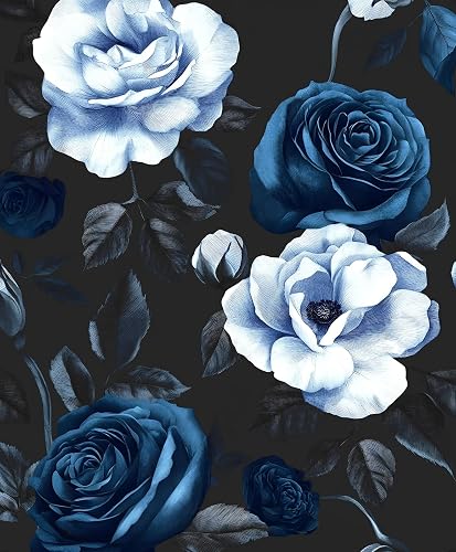 KALOPEZY Dark Floral Peel and Stick Wallpaper Boho Blue Rose