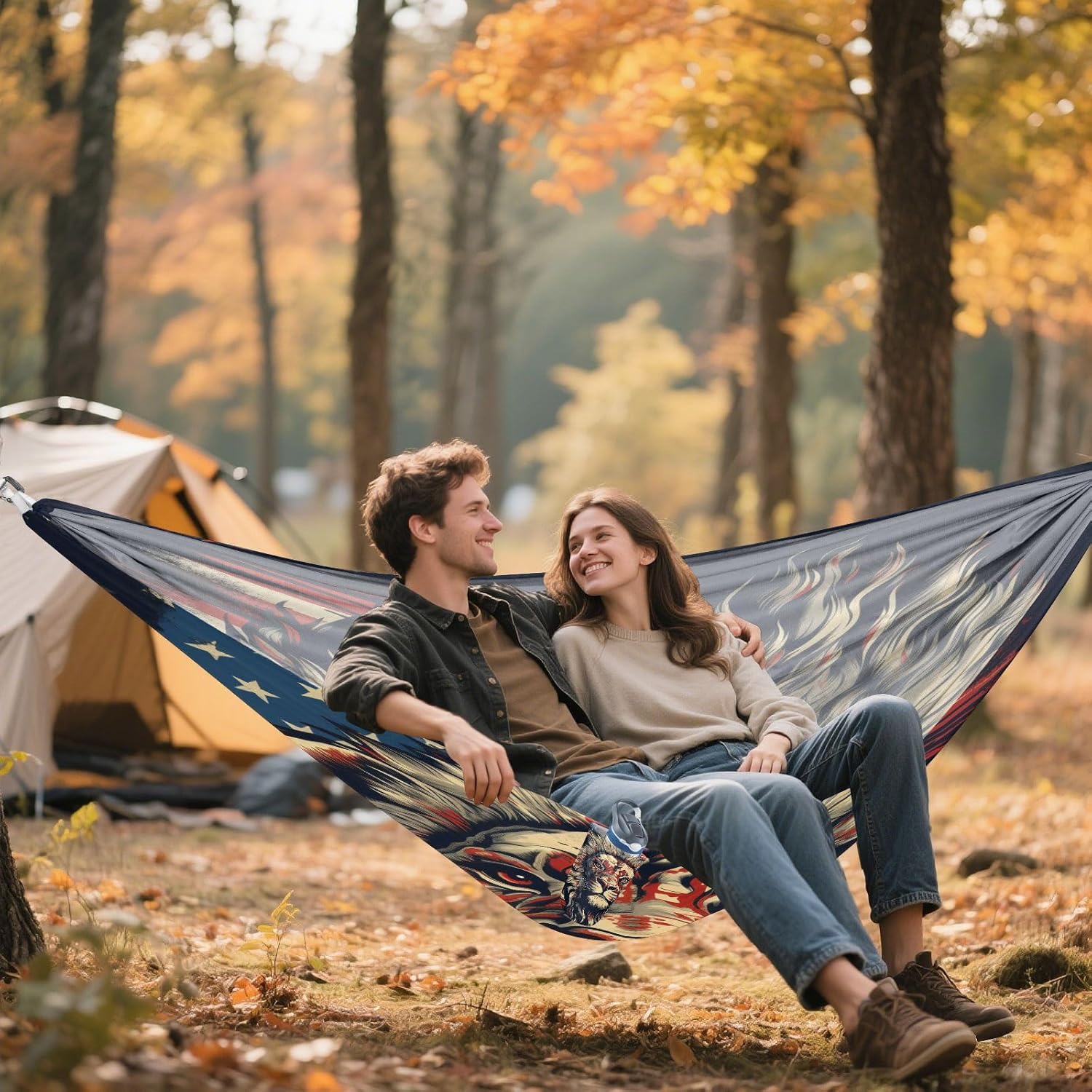 ALAZA Lion American Flag Camping Hammocks Single or 2 Person 500 lbs Portable Parachute Travel Hammock w/Tree Straps for Hiking Backpacking Indoor Outdoor