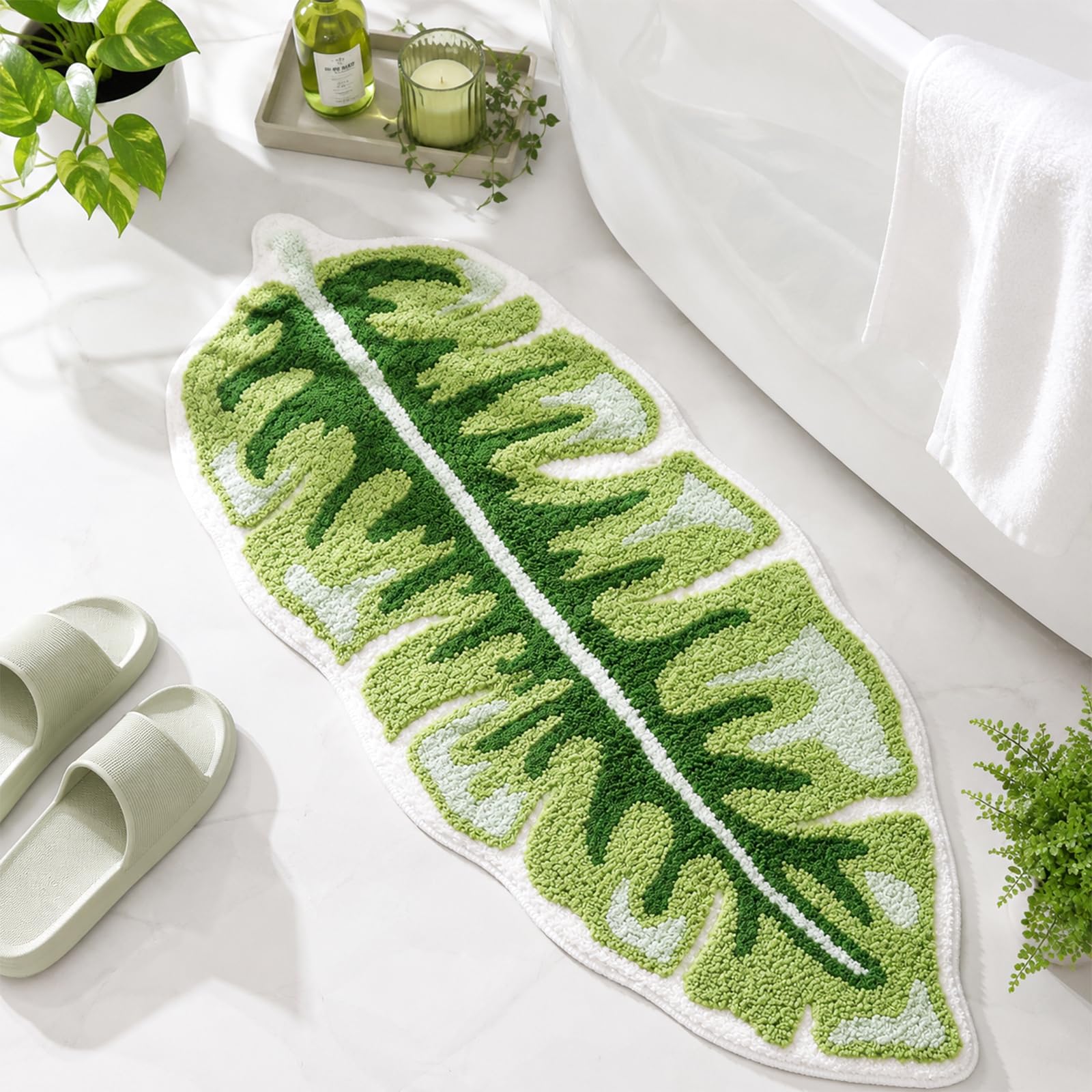 Tappeto da Bagno Passatoia a Forma di Foglia di Banano Verde, Grande Tappeto da Bagno a Forma di Foglia di Palma, Morbido in Microfibra Soffice Antiscivolo Lavabile Assorbente 114x50cm