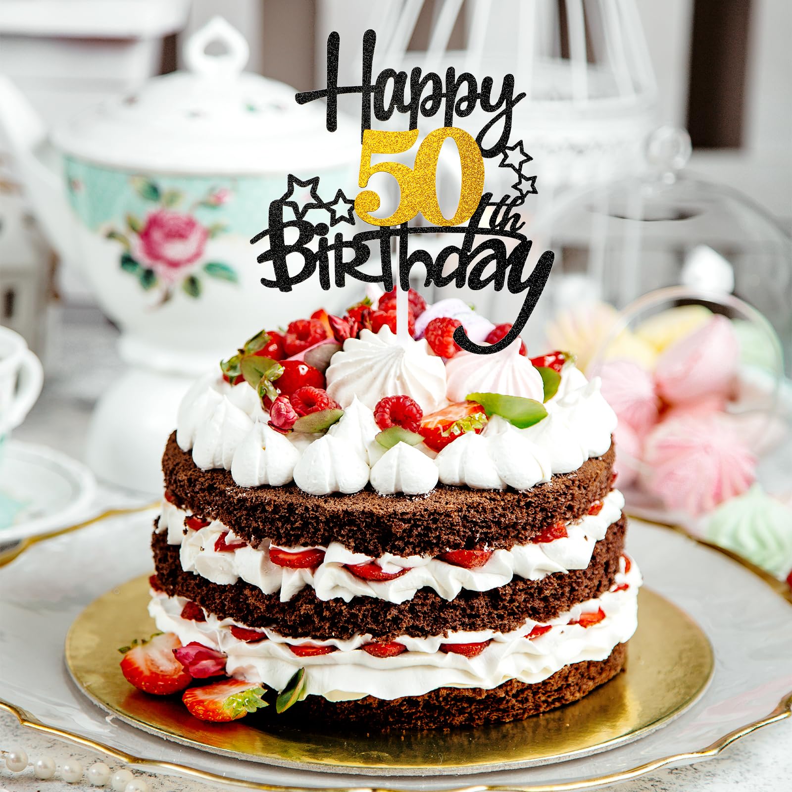 50. Geburtstag Cake Topper - Herz Stern Design 15,5x21cm Schwarz