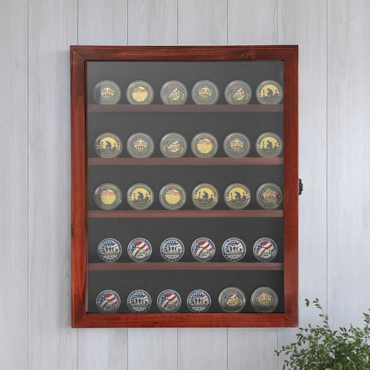 HBCY Creations 14.5x17.5 Mahogany Medals Display Case with Removable Shelves - Solid Wood with Acrylic Window - Anti-Theft Lock with 2 Keys - for Mementos and Keepsakes 14.5\"W x 2.75\"D x 17.75\"H Mahogany