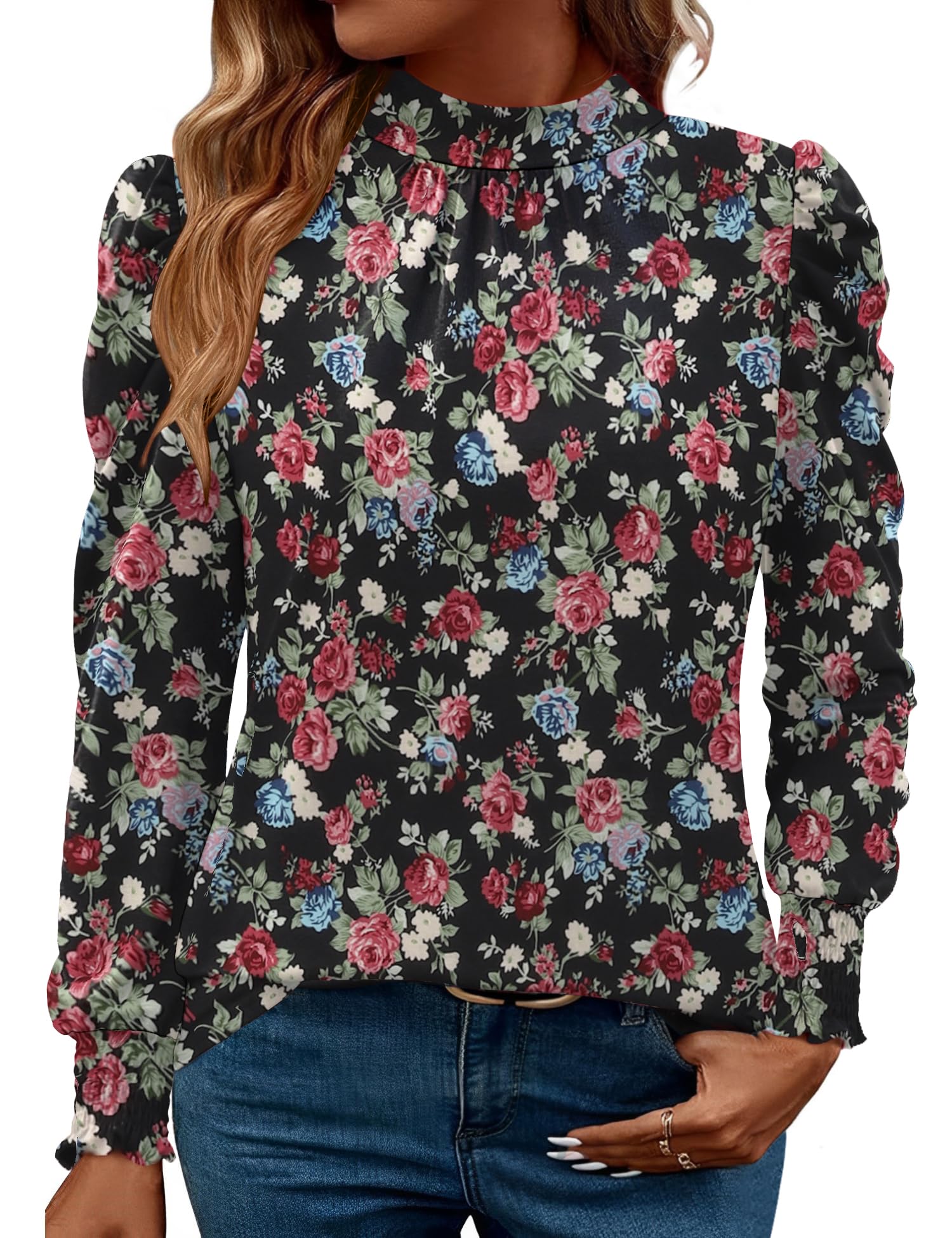 LUYAA Puff Long Sleeve Shirts for Women Tops Dressy Casual Frill Mock Neck Smocked Cuffs Blouses