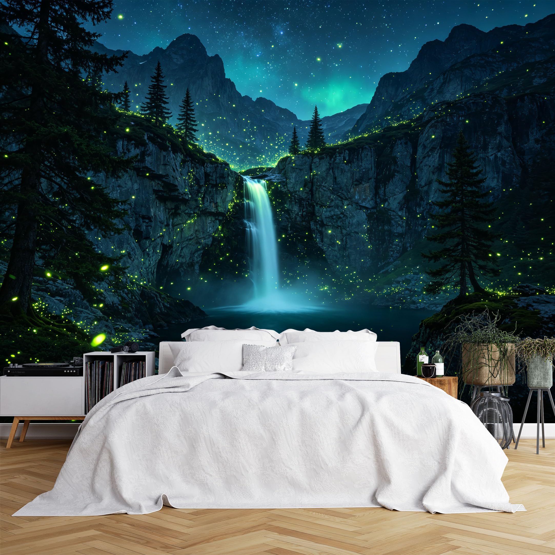 Lcythiazole Ch260615231 Custom Size Wall Murals Night Mountain Waterfall Firefly Scenery Wall Stickers Self-Adhesive Wall Fabric (No Pvc) Removable Wallpaper For Bedroom Living Room