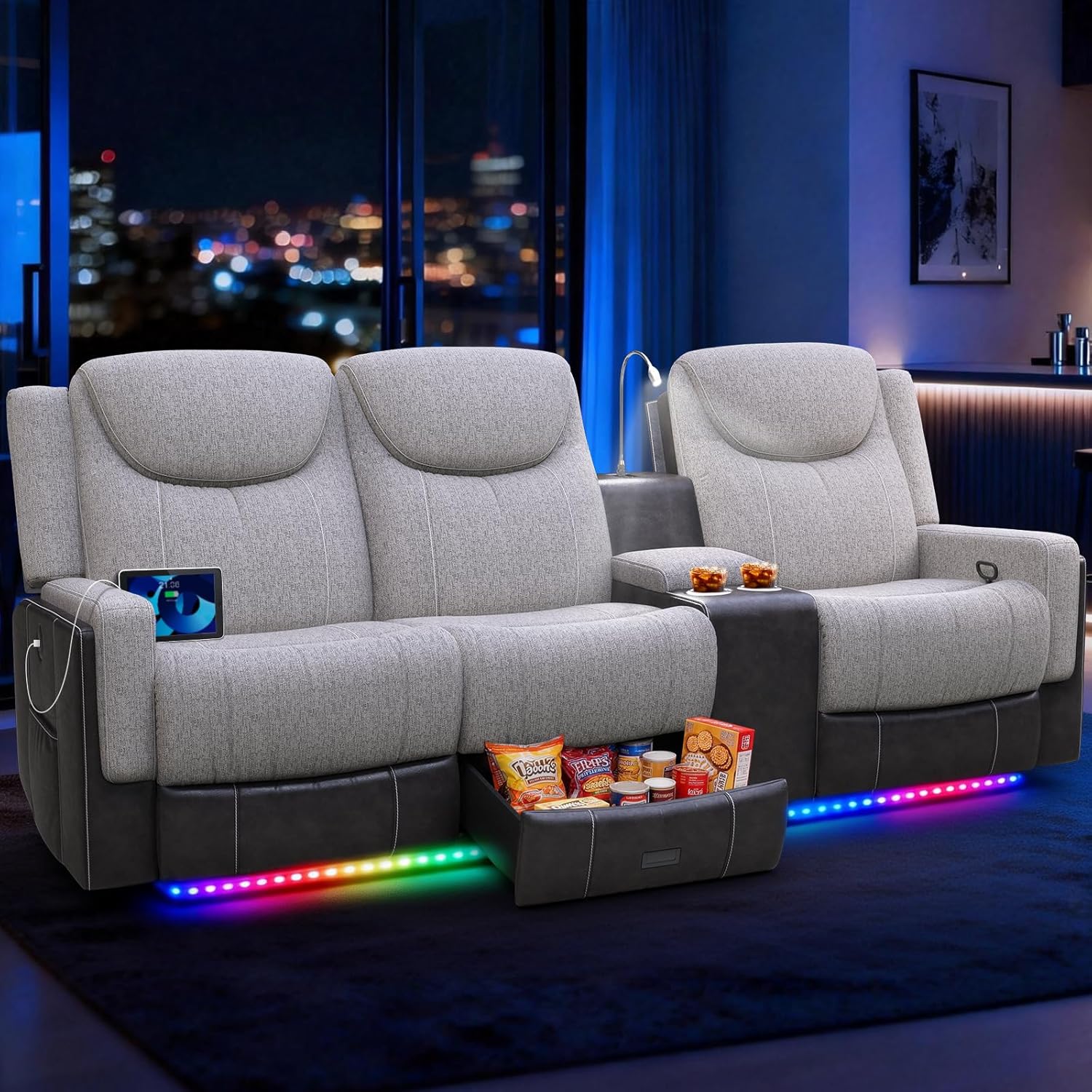 Manual Loveseat Recliner Sofa, Home Theater Seating with Touch Reading Light, Console with Cup Holders & Storage, USB Ports, 2 Seater Reclining Couch for Living Room, RV, Home Theater