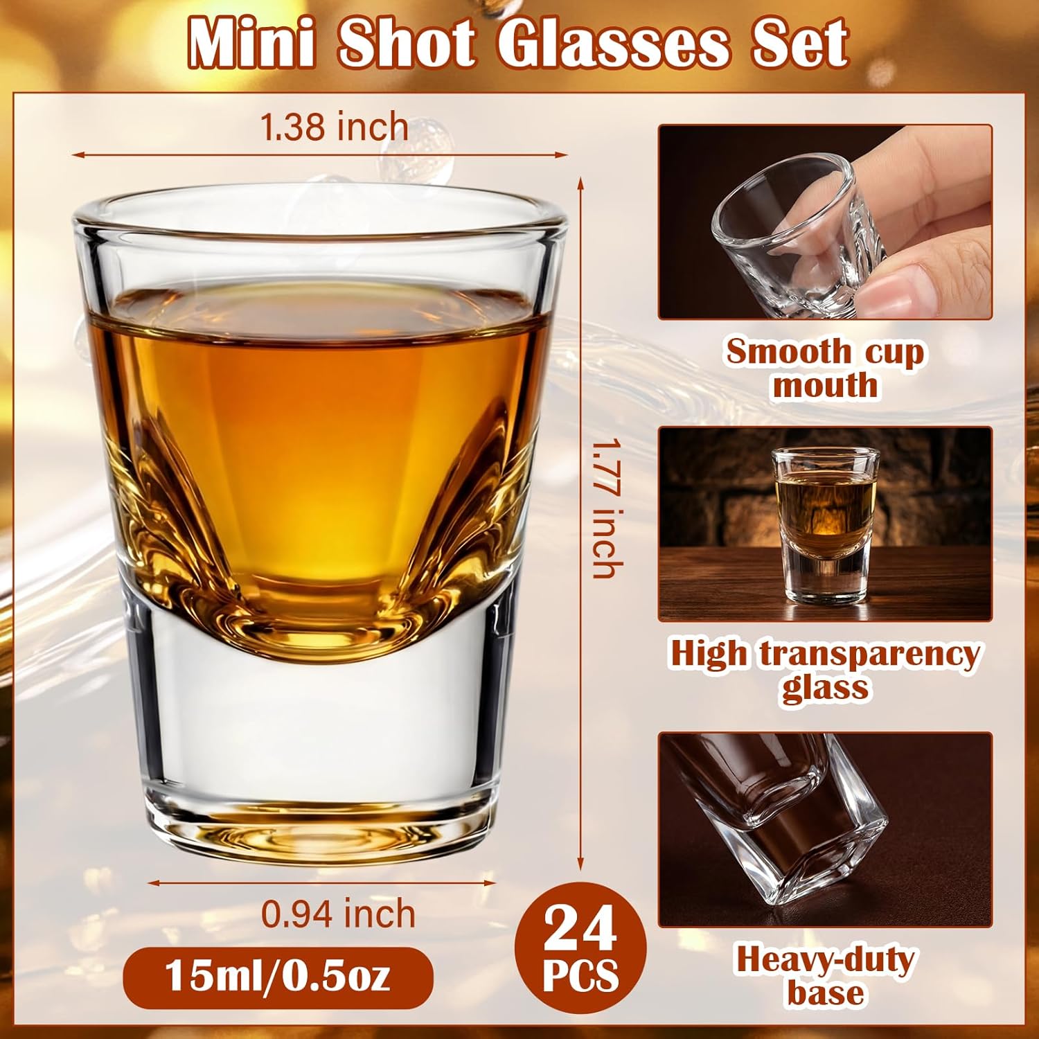 24 Pcs 0.5oz Mini Shot Glasses Set with Heavy Base, Clear Cute Whiskey Glasses Cups Small Bulk Wine Cup for Wine Tasting, Vodka Liqueurs Tequila Soju Espressos