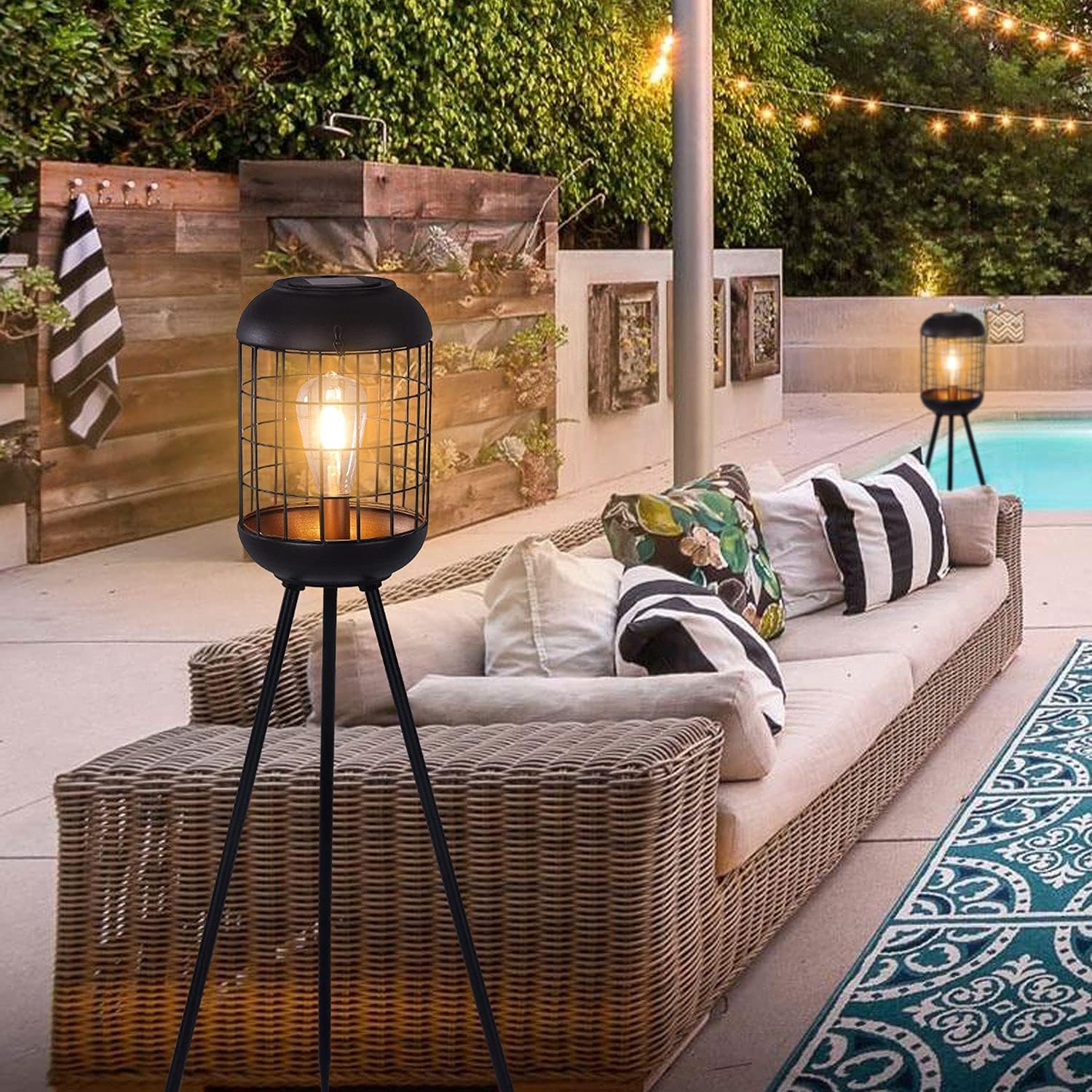 Solar Floor Lamp Outdoor Large Lanterns for Patio, Waterproof Big Solar Lamp Outdoor Metal Tripod Deck Lights for Lawn Yard Pathway Landscaping or Porch(Black) - - 
