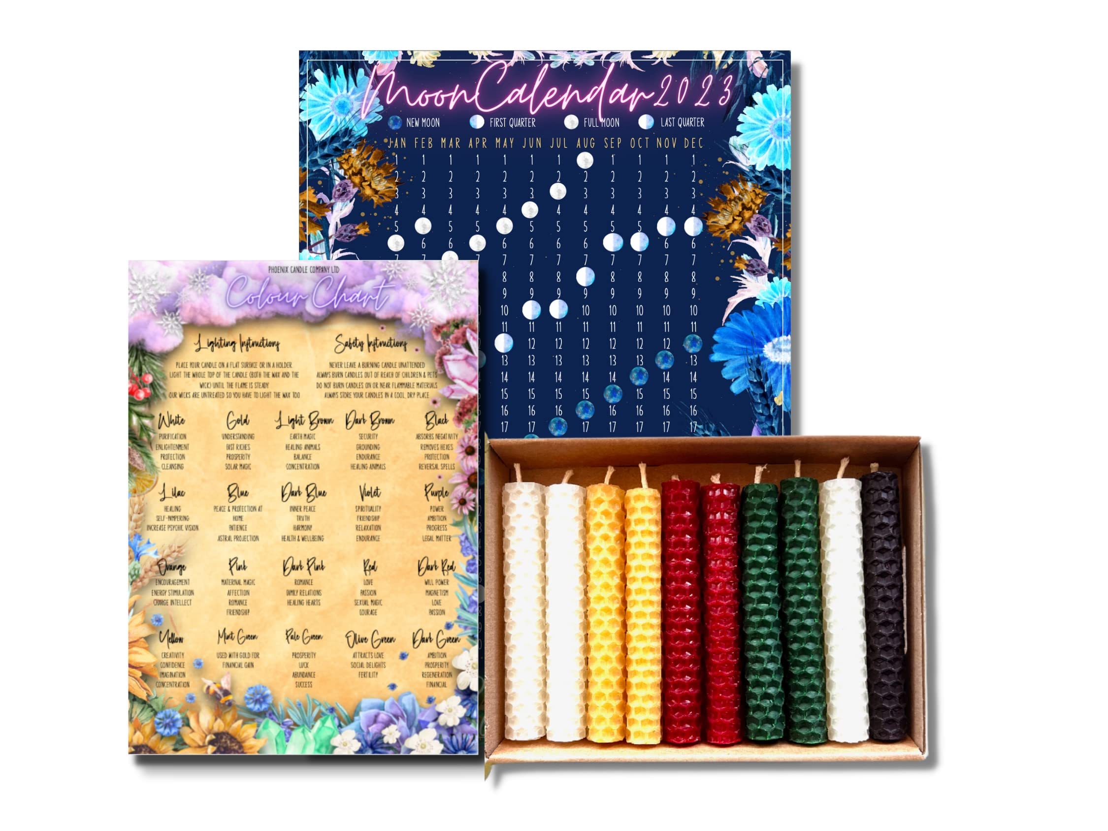 Phoenix Candle Company 10 Pack of 4 Inch Beeswax Spell Candles | Assorted Colours | Unscented | Mini 2022 Moon Calendar | Colour Chart | Hand-Rolled | Burn Time 80 Mins (Yule)