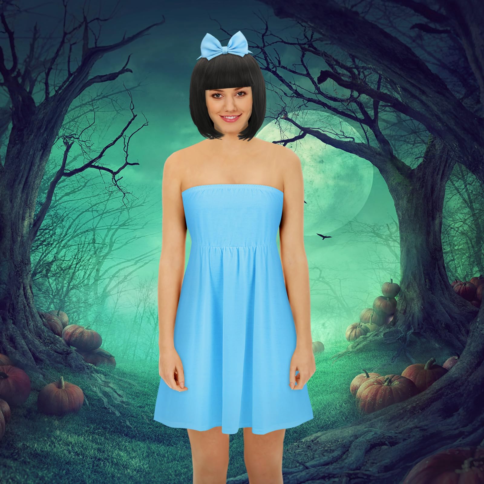 Liitrsh Blue Cave Costume for Women, Halloween Cavewoman Costume Dress, Black Short Bob Wig Blue Dress Blue Hair Bow for Stone Dress Up Cosplay Halloween Costume Party