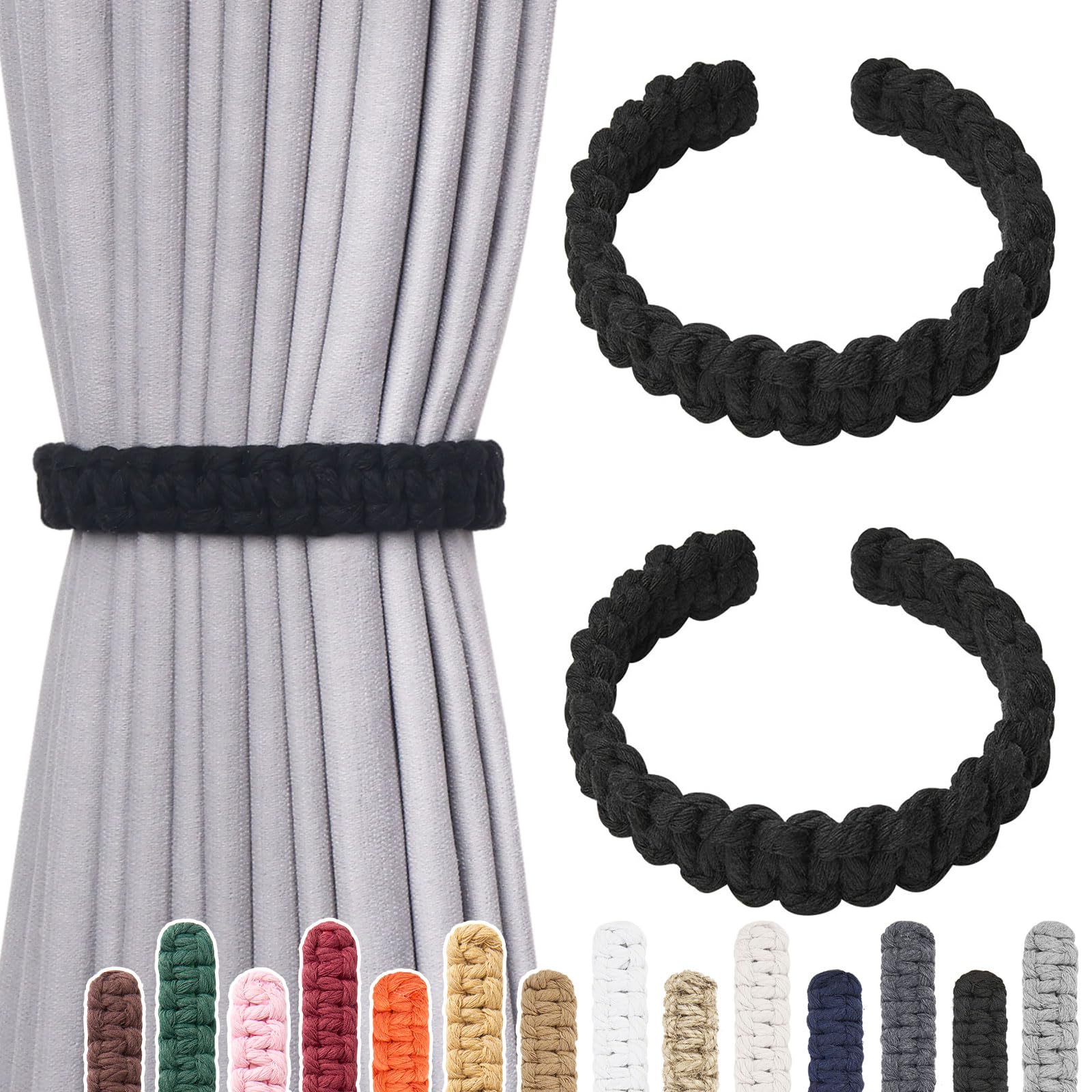 Pretty Jolly 2 Pack Natural Cotton Rope Curtain Tiebacks Farmhouse Rustic Style Decorative Drape Tie Backs Handmade Braided Curtain Holdbacks for Home Sheer/Light Weight Drapery (C-Black-L)