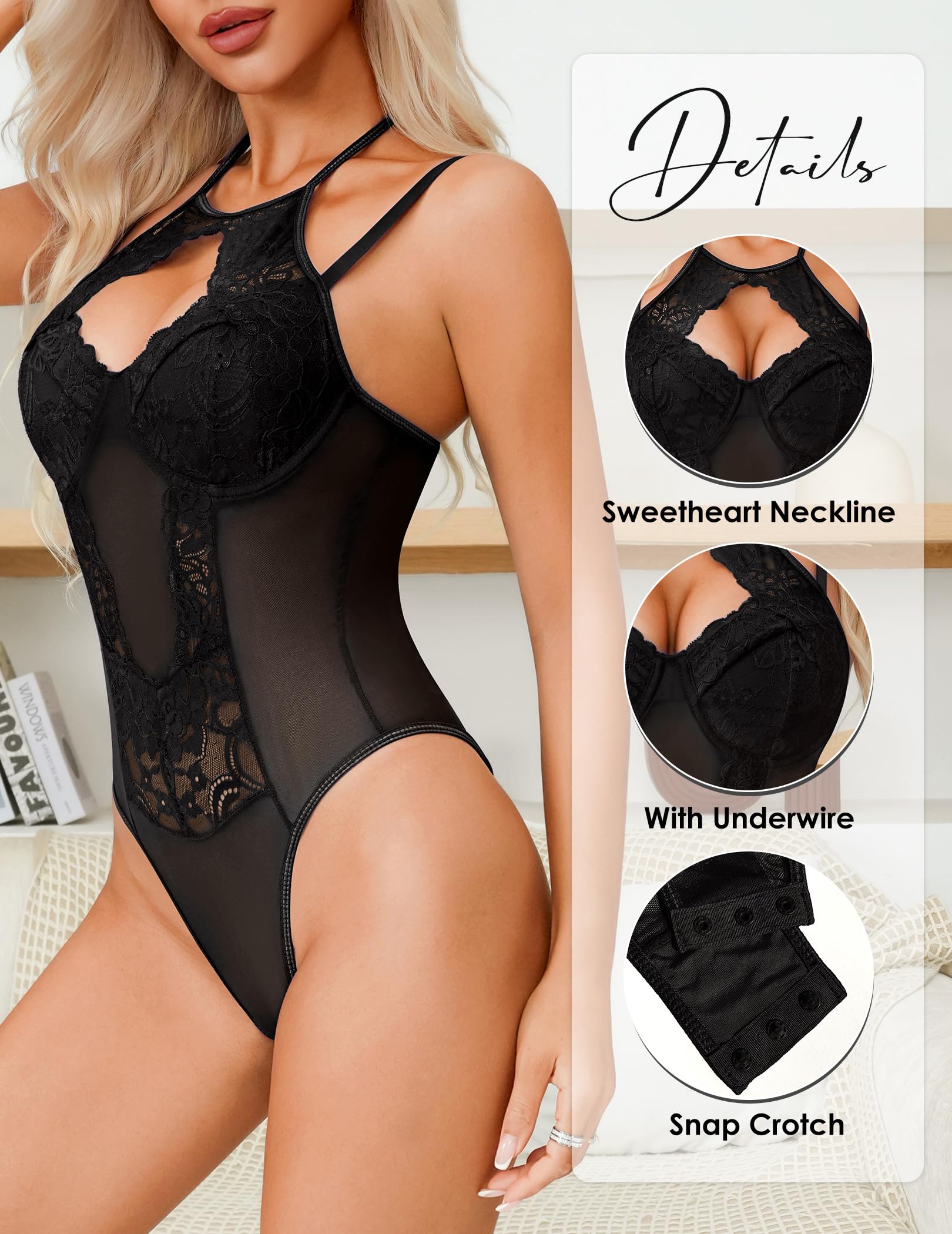 Girece Women Teddy Lingerie Sexy Snap Crotch Lace Bodysuit Halter One Piece Lingerie Top with Underwire Push Up Bra: A-black Medium