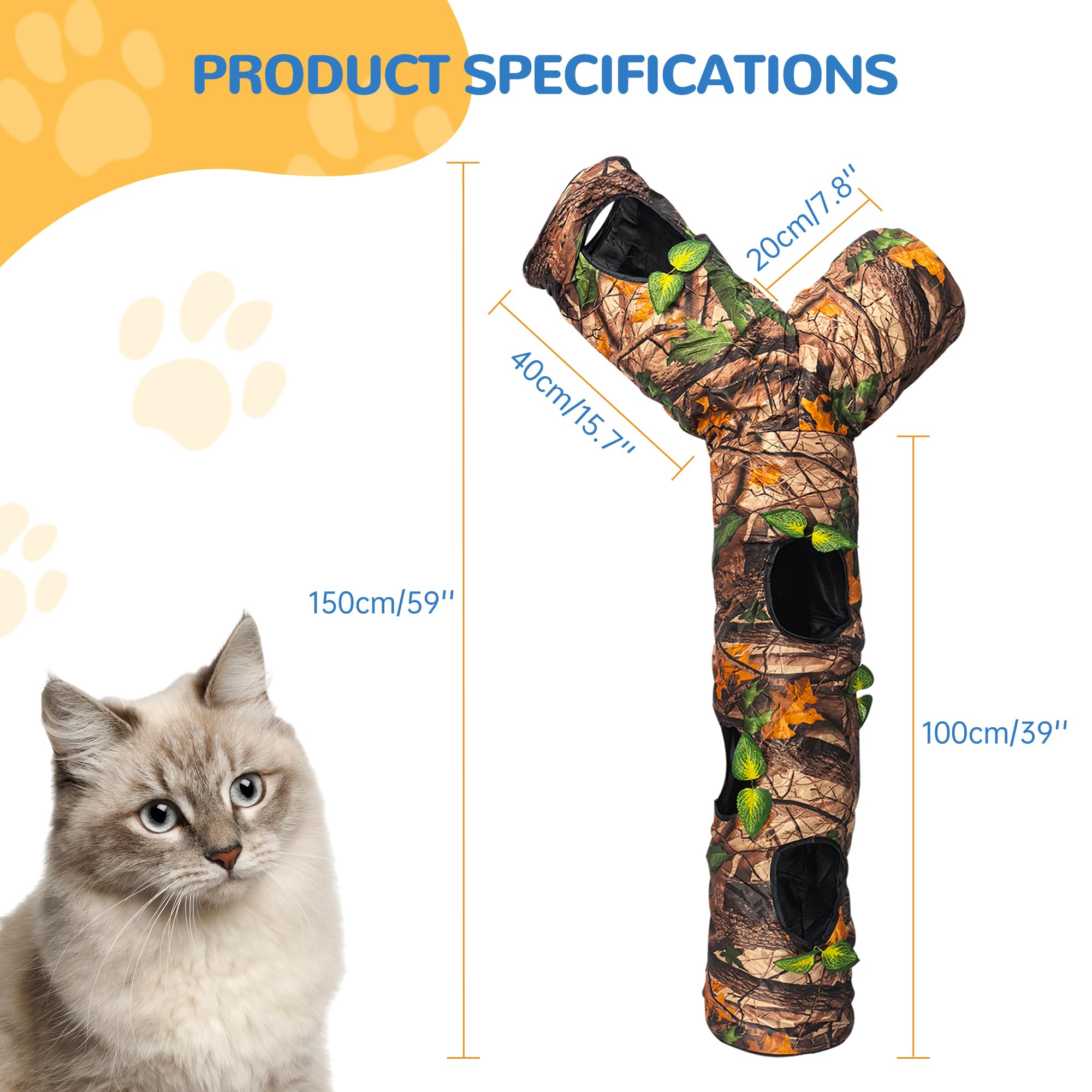 Túnel para gatos de interior grande, juguete de cama para gatos con tres canales y hojas, cueva para gatos en forma de Y, plegable, fácil de almacenar, adecuado para gatos y otras mascotas