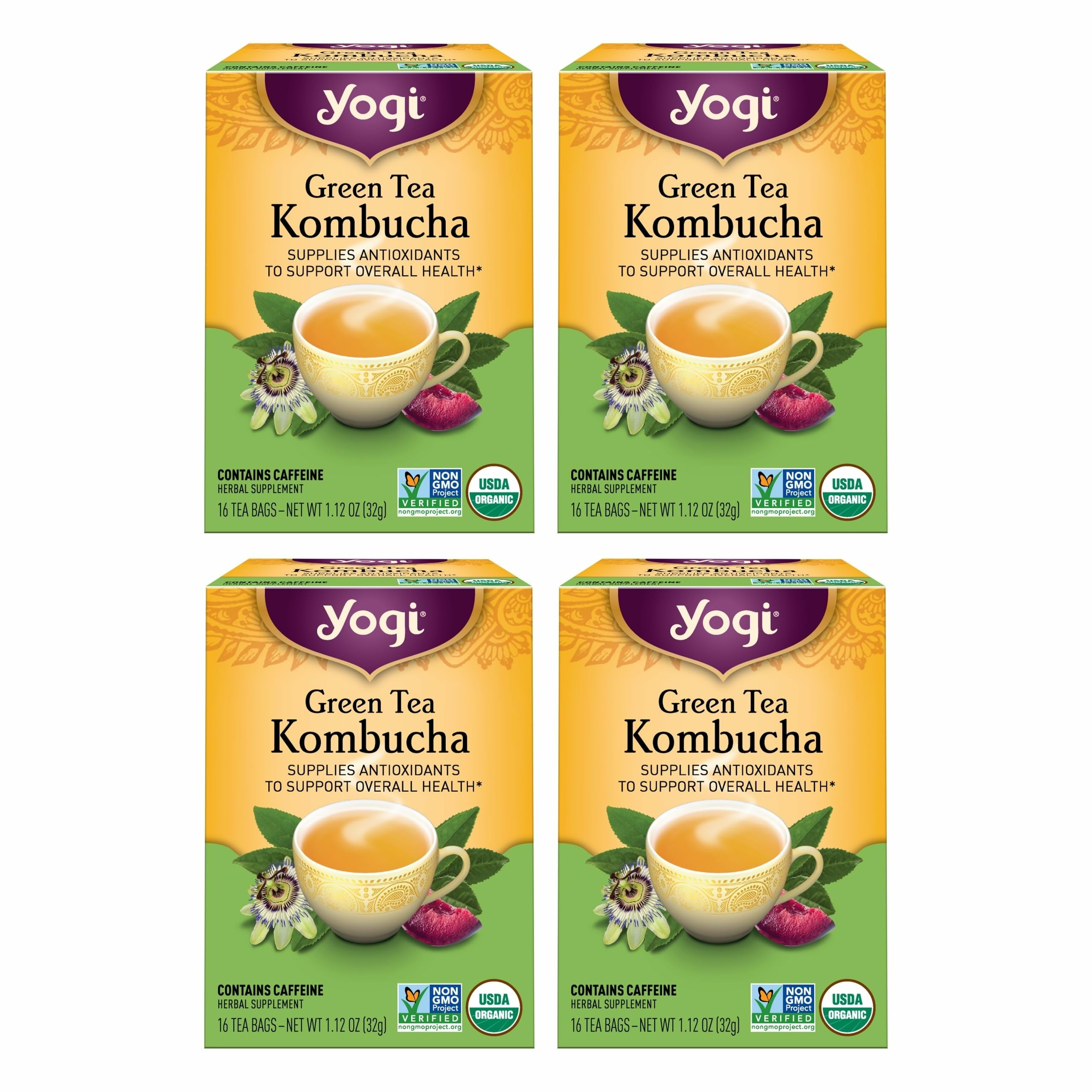 Yogi Tea Green Kombucha Tea - 16 Bags per Pack (4 Packs) - Organic - With Kombucha to Support Overall Health - Includes Lemongrass, Spearmint Leaf & More