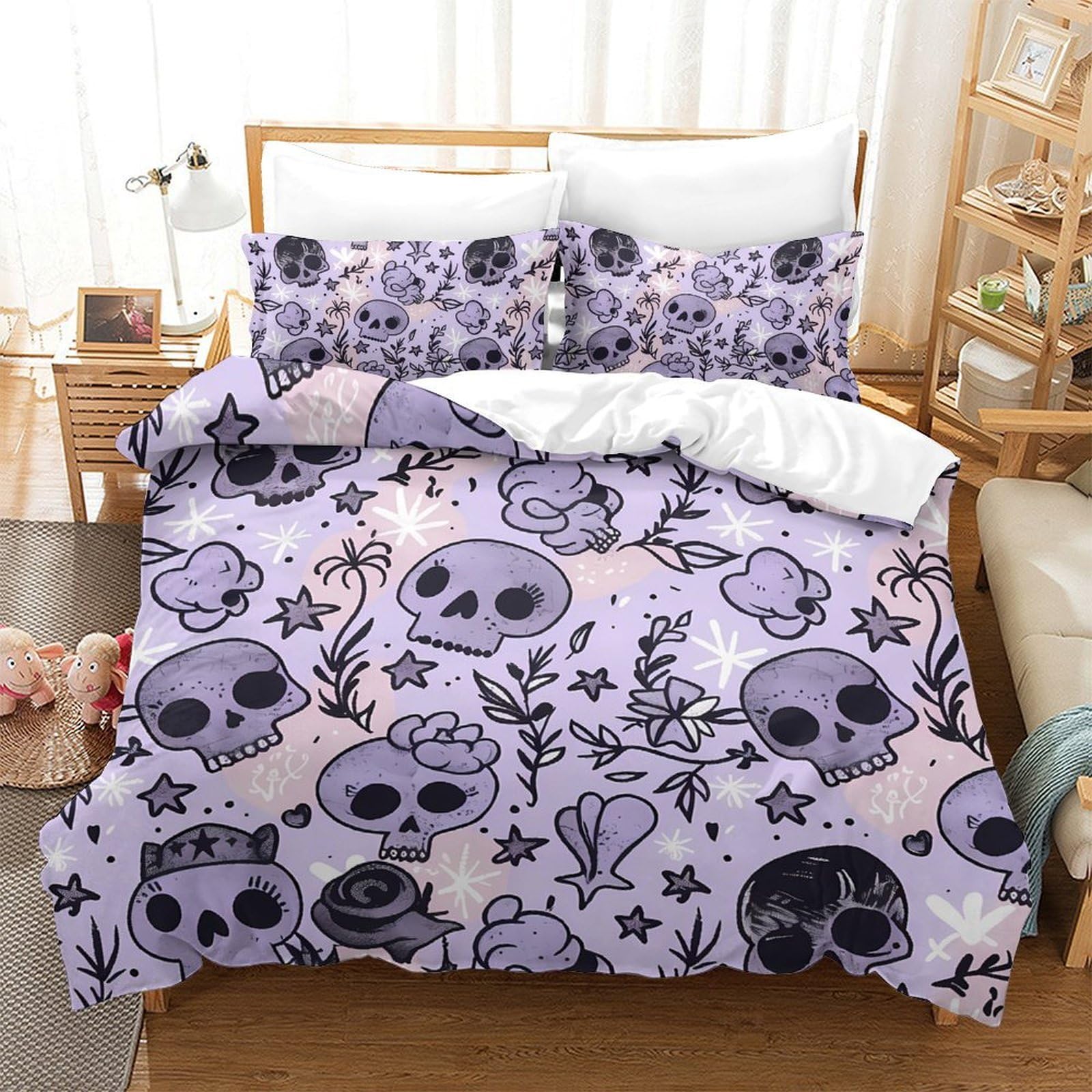 Parure de lit tête de mort mignonne king size 220x240cm en microfibre avec 2 taies