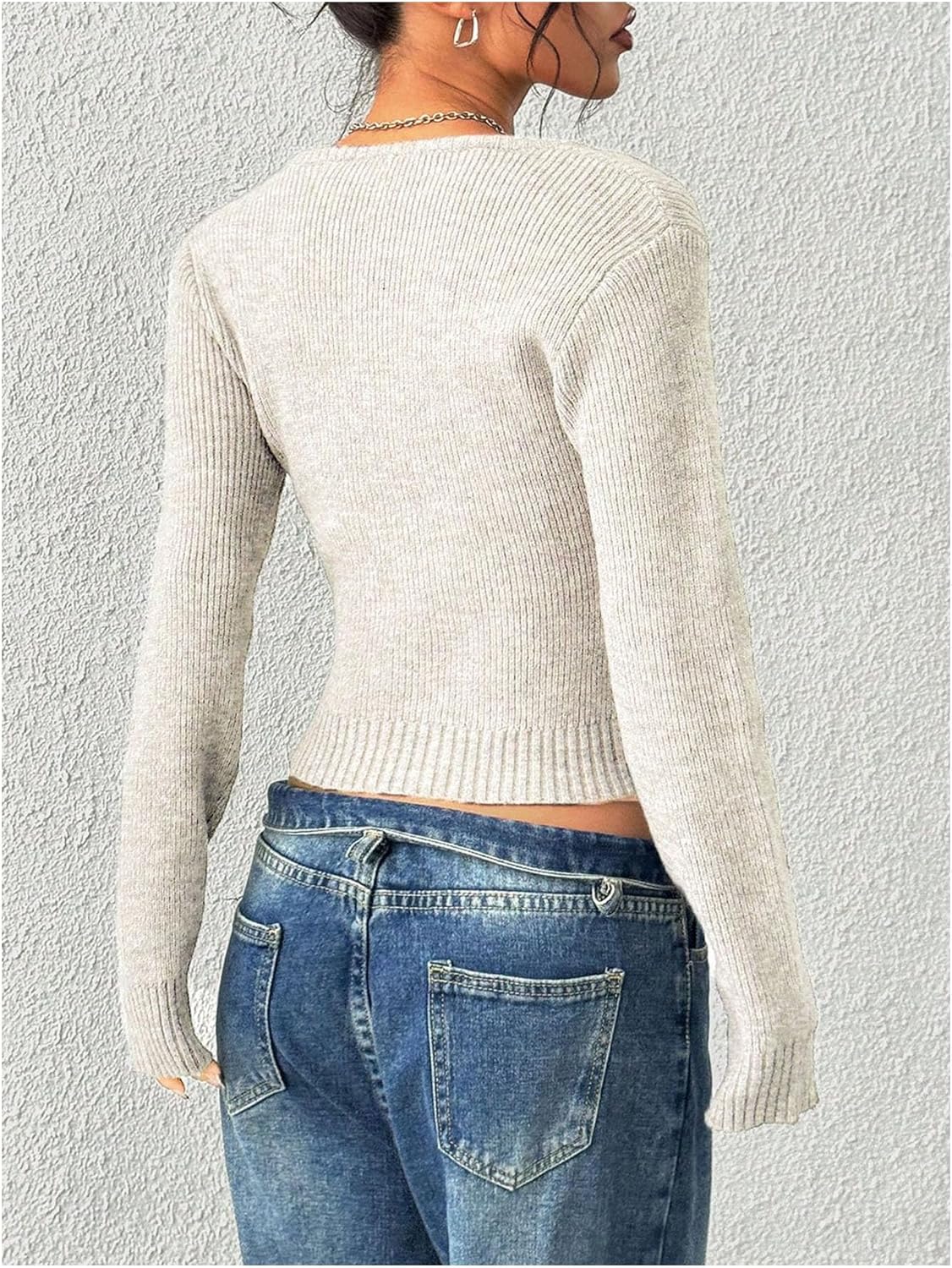 MakeMeChic Women's Fall Scoop Neck Cropped Sweater Long Sleeve Rib Knitted Pullover Tops - Image 3