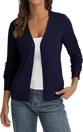 Womens Lightweight Ribbed Knit Cardigan Sweater V Neck Button Down Long Sleeve Soft Dressy Casual Layering Top