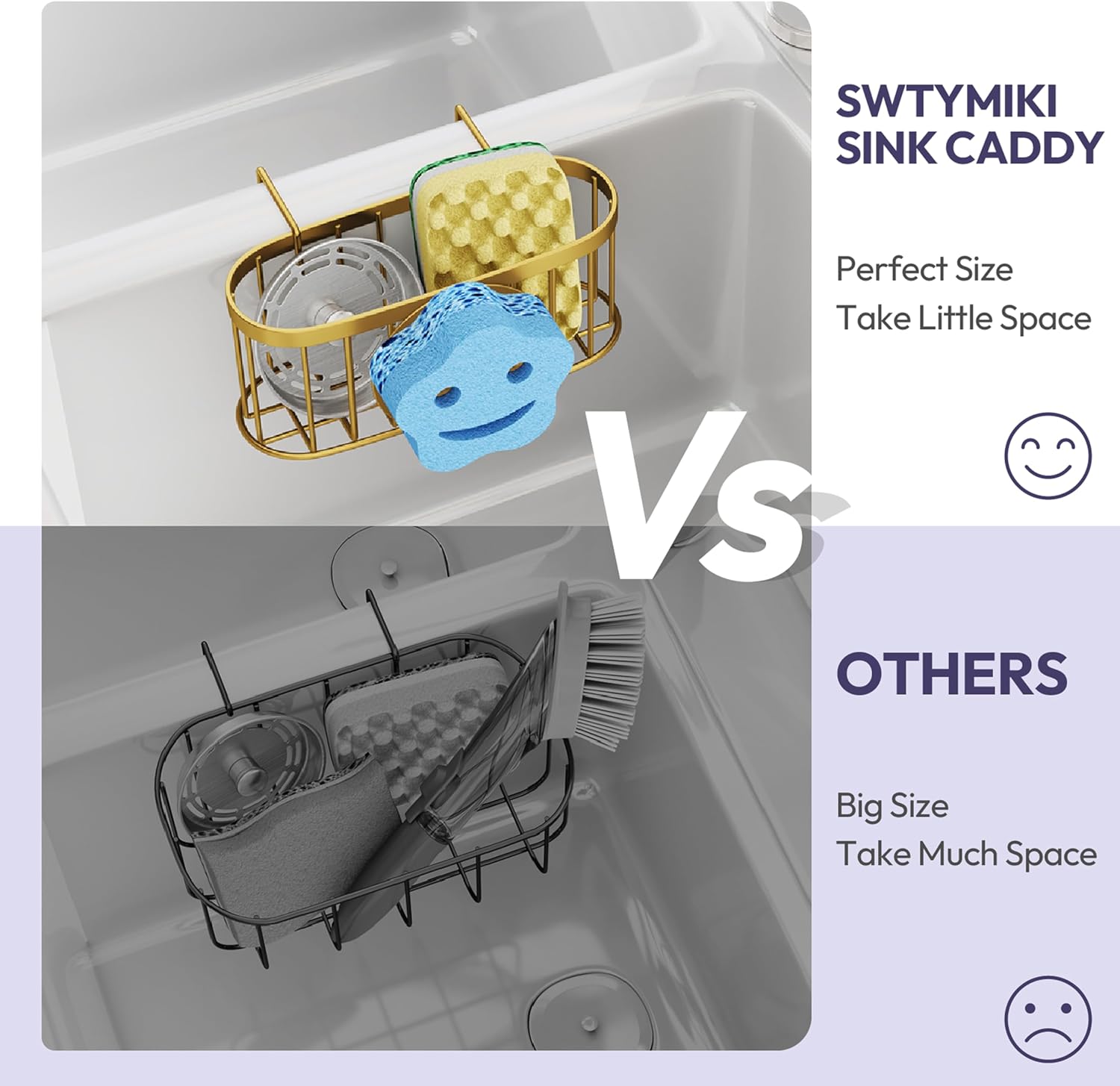 SWTYMIKI Sponge Holder for Kitchen Sink - Movable Sink Caddy with Smiley Face Sponge Holder, Rustproof Hanging Sponge Organizer in Double Bowl Sinks Depth>3.15in, Middle Divider<1.5in, Gold image 4