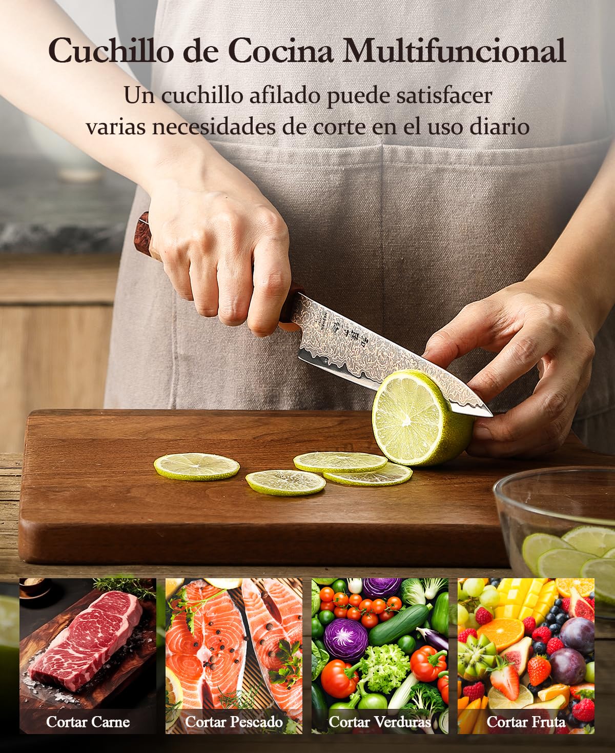 HEZHEN Damasco Cuchillos Universales, Cuchillos Cocina Damasco de Cobre, Cuchillo de Fruta para Pelarr con Caja de Madera, Mango de Octogonal