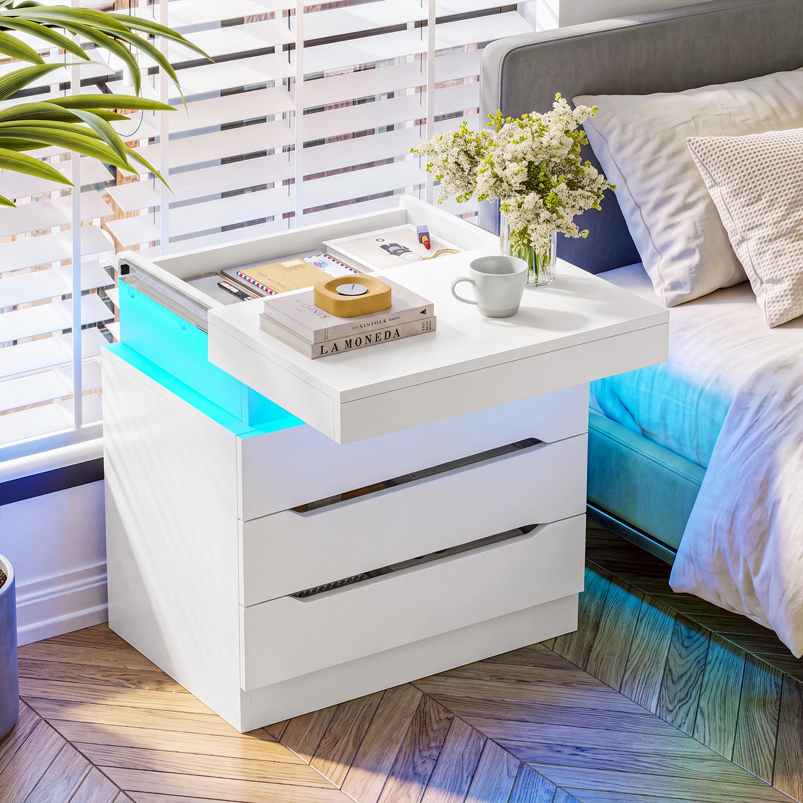 TEENFON Night Stand with 3 Drawers, Nightstand with App-Controlled Adjustable LED Light, Bedside Table with Slidable Hidden Storage Space, Modern Nightstands for Bedroom,White