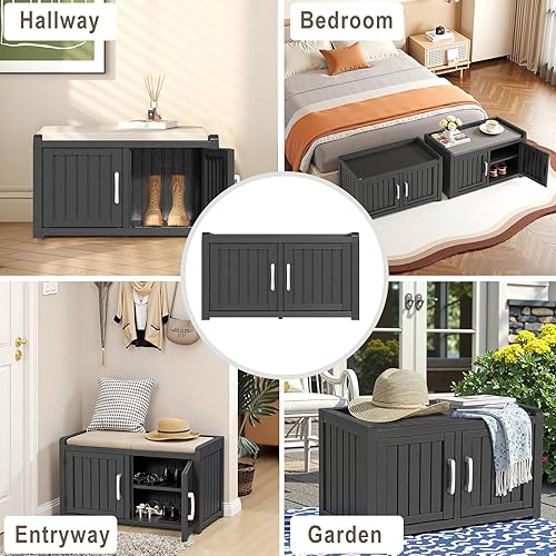 Miniatura 6 de ROJIK Zapatero impermeable resistente a los rayos UV, banco de almacenamiento para interiores y exteriores con estantes ajustables, para entrada,