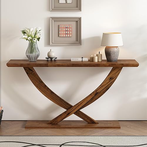 Miniatura 3 de Mesa consola de 57 pulgadas para entrada, moderna mesa de sofá, mesa de sofá rústica con diseño de patas cruzadas, mesa de chapa de acacia para