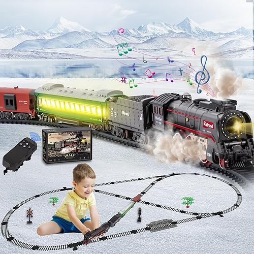 Juego de tren eléctrico para niños con control remoto, locomotora de vapor clásica con humo, luces y sonidos, trenes retro para niños, juguetes para