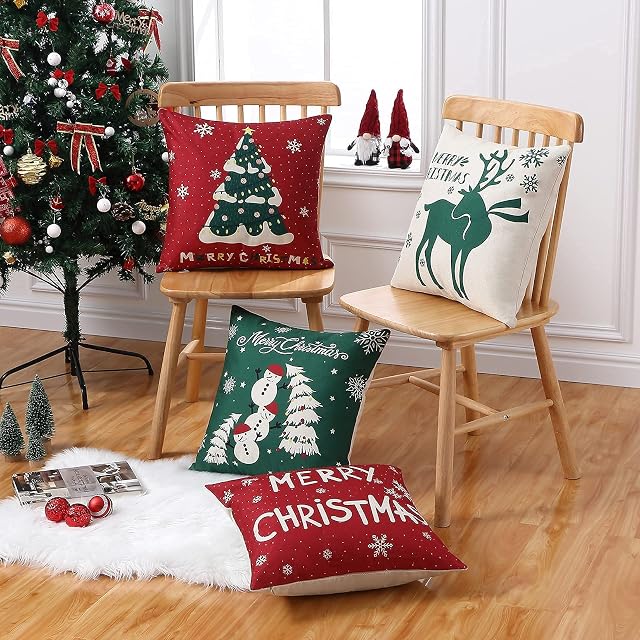 Christmas Cushion Cover Set of 4 Christmas Decorations Pillow Covers 45 x 45 cm Square Xmas Cushion Covers Red and Greeen Christmas Pillow Cases for Sofa Home Decor 18 x 18 Inch