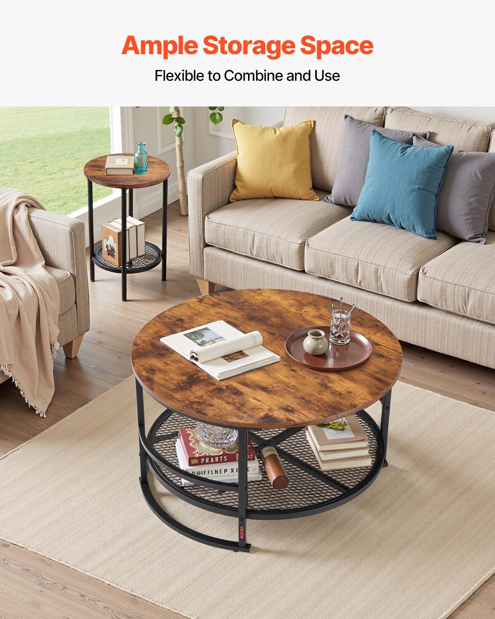VEVOR Lot de 3 Tables de Salon Rondes, Table Basse Industrielle de 80 x 80 x 46,5 cm avec 2 Bouts de Canapé de 40 x 40 x 60 cm, avec Pieds en Métal, Mobilier pour Bureau, Salon et Appartement