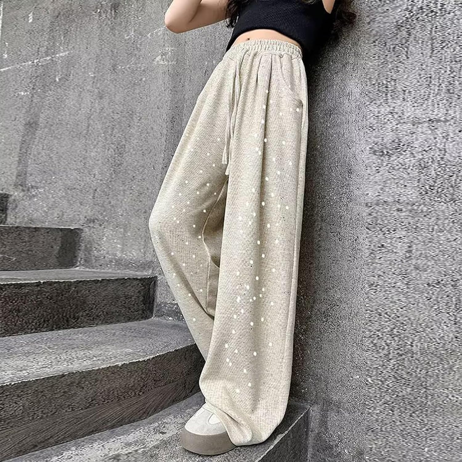 Oplxuo Girls Wide Leg Sweatpants Rhinestone Drawstring Elastic Waist Pants