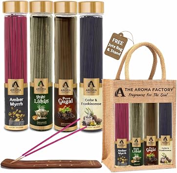 The Aroma Factory Organic Incense Sticks Amber Myrrh, Loban, Gugal & Cedar & Frankincense Herbal Agarbatti for Pooja 0% Charcoal, 0% Sulphur, 4 x 100g Bottle with Jute Bag