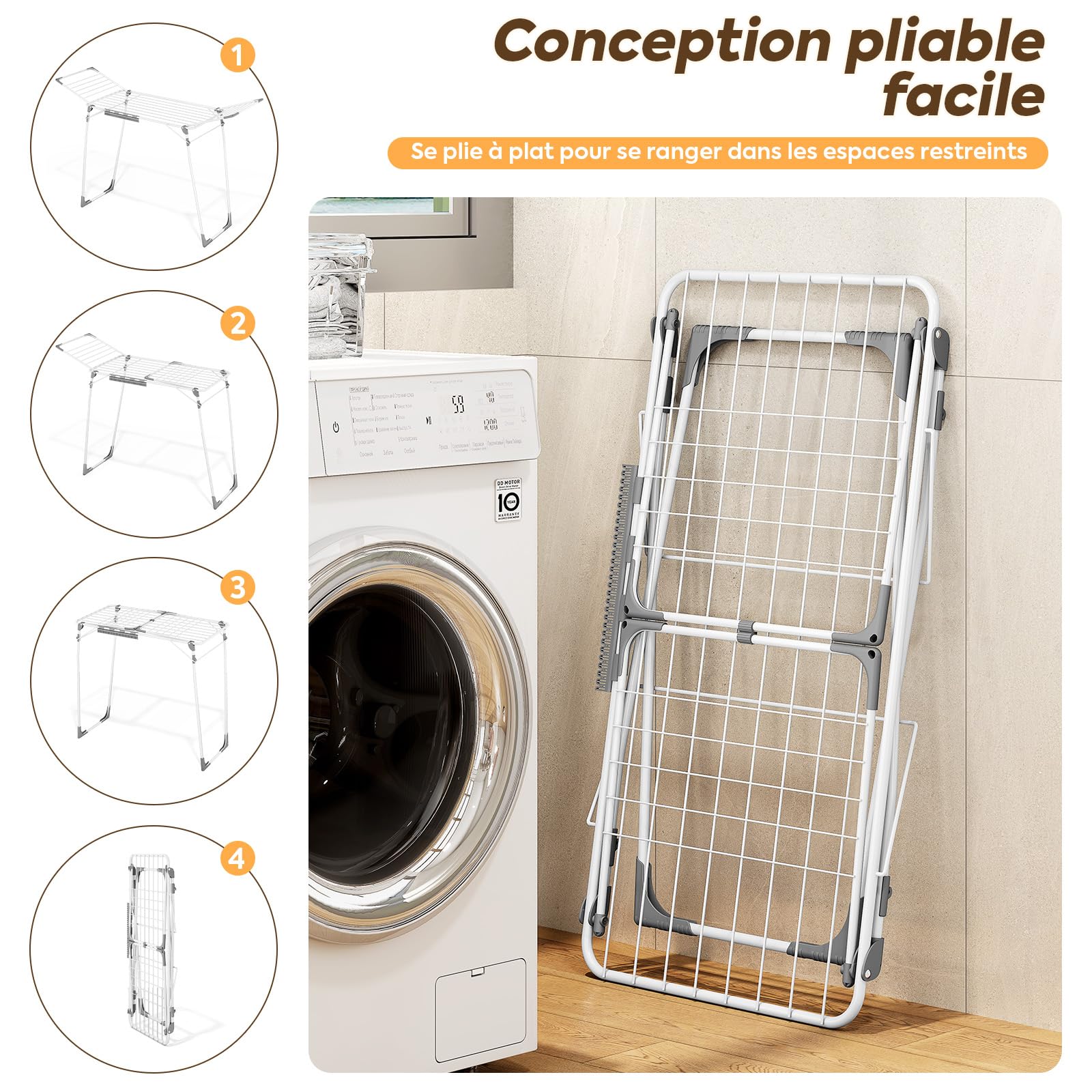 KINGBOARD Séchoir à linge pliable grand, étendoir à linge extensible 174x97x156 cm, Séchoir à linge stable avec pieds antidérapants, Séchoir à poser pliable pour l'intérieur et l'extérieur, Blanc