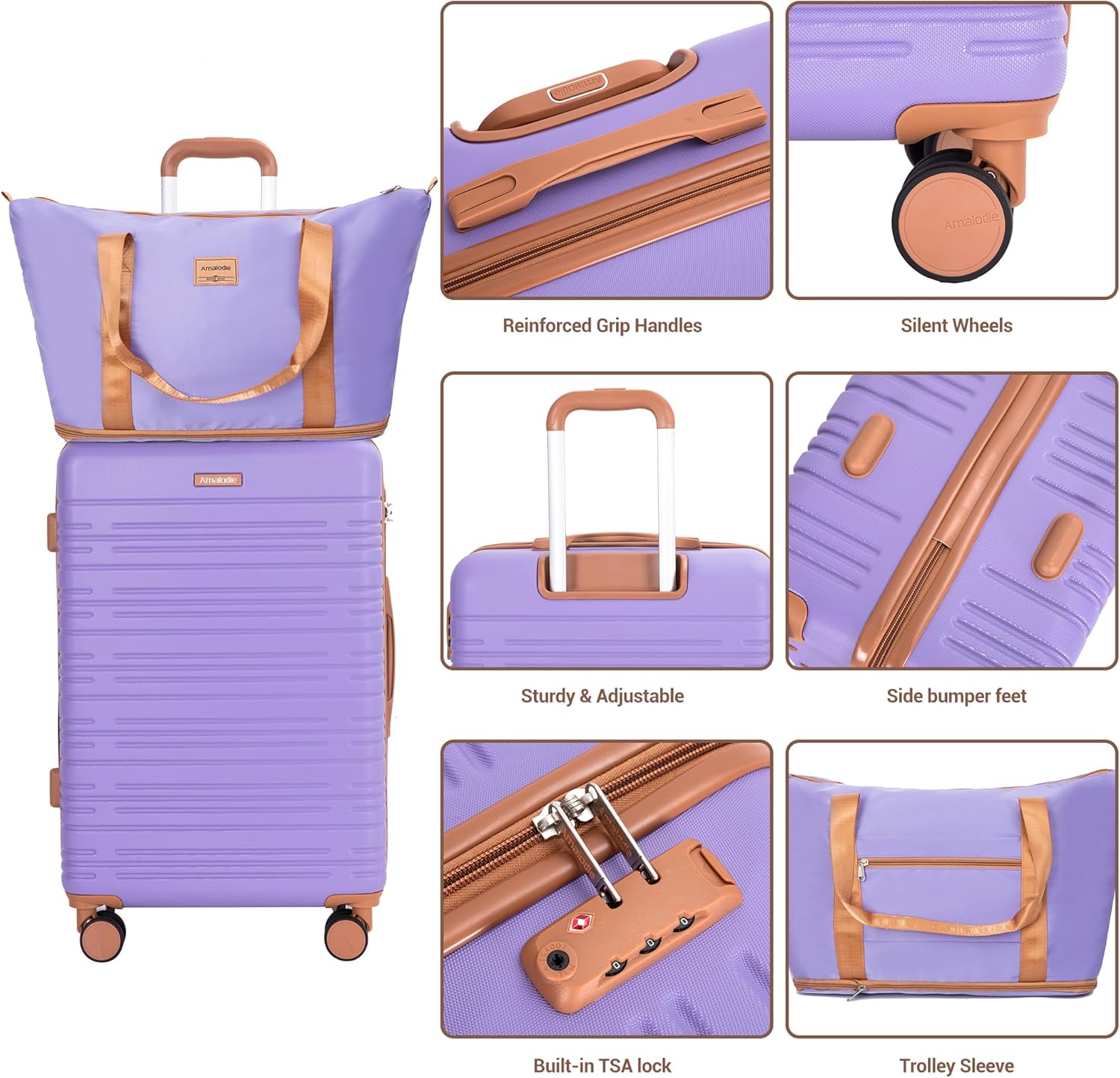 Tripcomp 6 Piece Luggage Set Carry on Suitcase hardshell ABS Travel Suitcase with Spinner Wheels TSA Lock, 22x14x9 Airline Approved (16/20/24/28), Light Purple