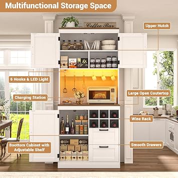 Unikito 72 Tall Kitchen Pantry Cabinet with LED Light & Outlet, White