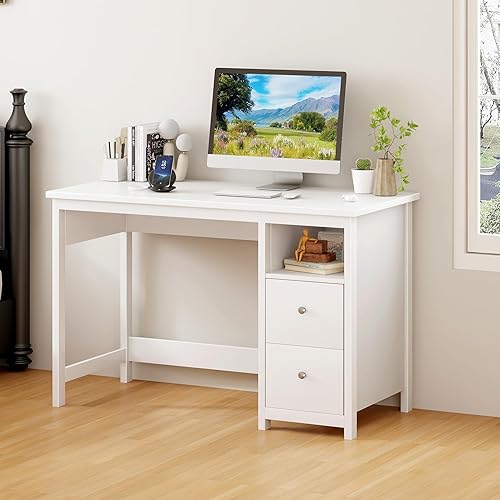 Miniatura 3 de BHG Escritorio blanco con cajones, moderno escritorio pequeño para computadora para oficina en casa, tocador de maquillaje, tocador para dormitorio,