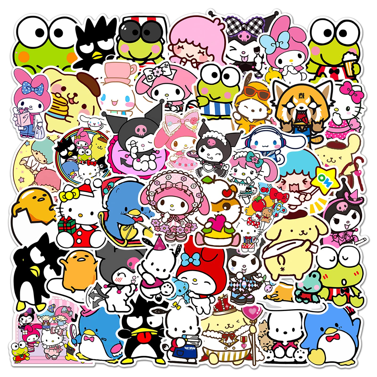 Kawaii Hello Kitty Stickers Set, 50pcs, Kuromi Melody Frog, Waterproof Vinyl, Perfect for Laptops Skateboards, Bikes, Guitars