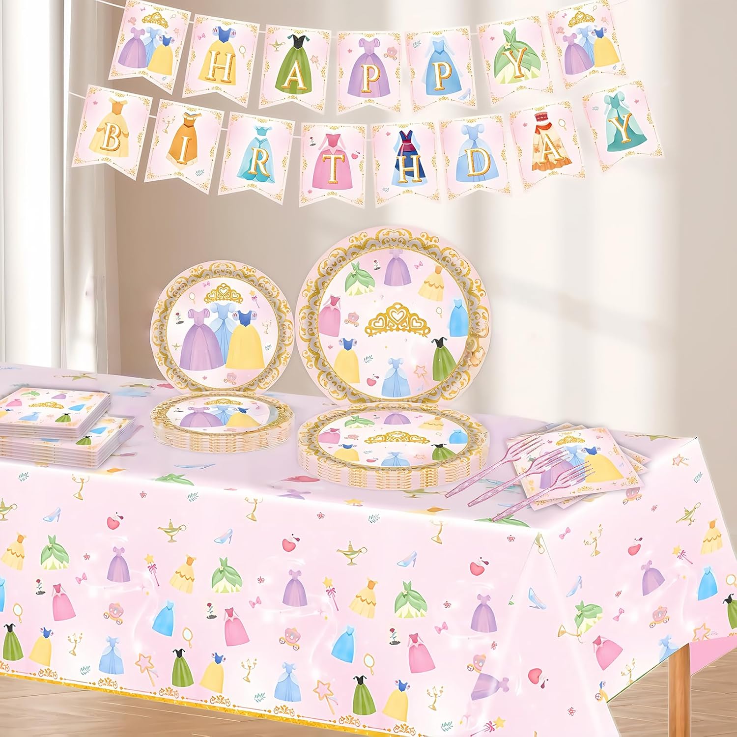 98Pcs Princess Birthday Decorations Pink Princess Theme Party Decorations Set-Paper Plates and Napkins,Forks,Banners,Balloons,Tablecloths for Girl Party Decorations,Serves 16 Guests