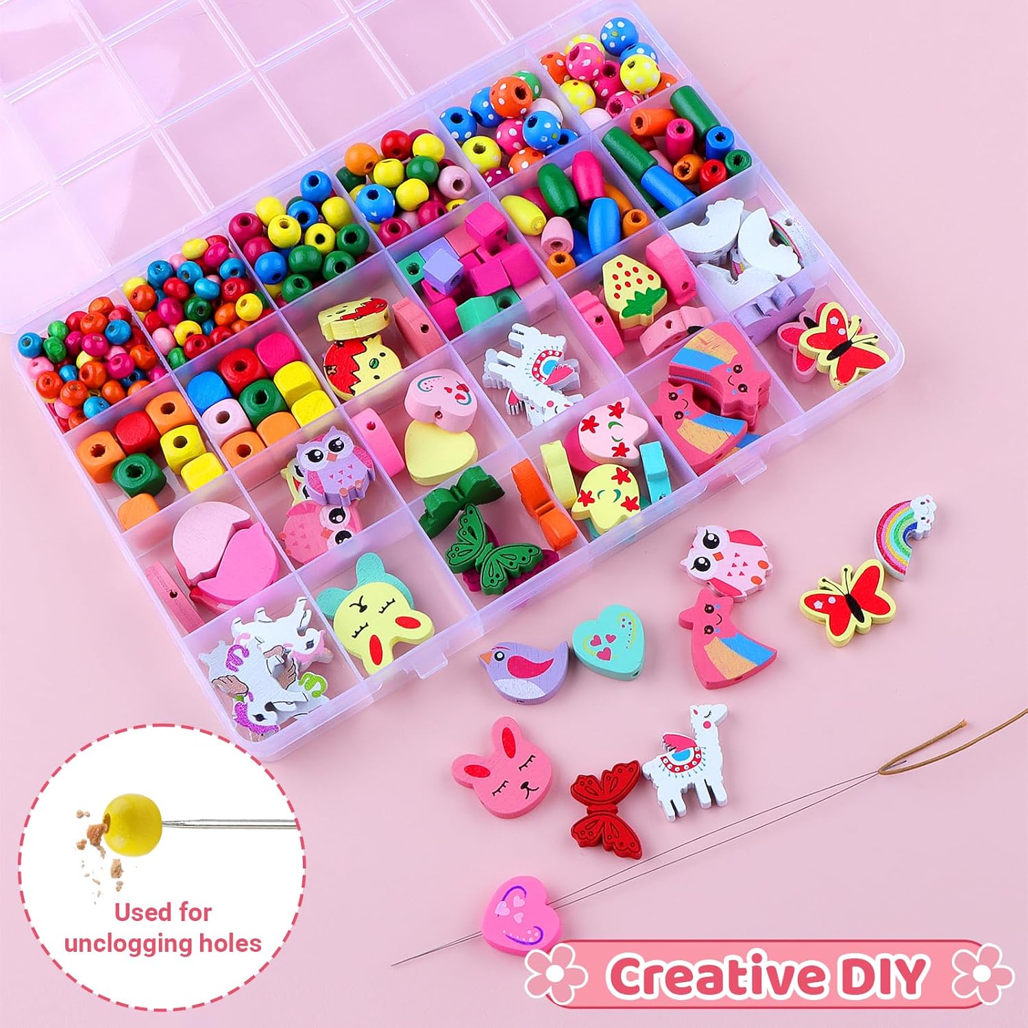 Craft Colourful Wooden Beads for Threading DIY Beads Jewellery Set Children's Wooden Beads with Hole for Threading Craft Beads for Bracelets Cord Set Necklaces Gift (500 Pieces Craft Colourful Wooden