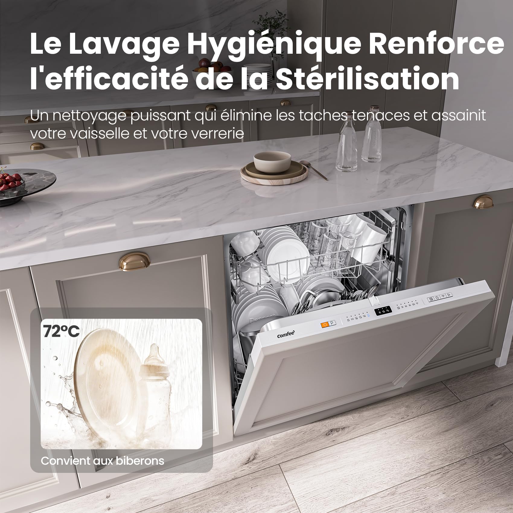 COMFEE' CDWPB1215PB-EU Built-In Dishwasher, 12 Cutters, 60 cm, WiFi | IoT Function, Cloud Wash, Quick Wash 30 min, Extra Dry, Delayed Start, 47 dB, White