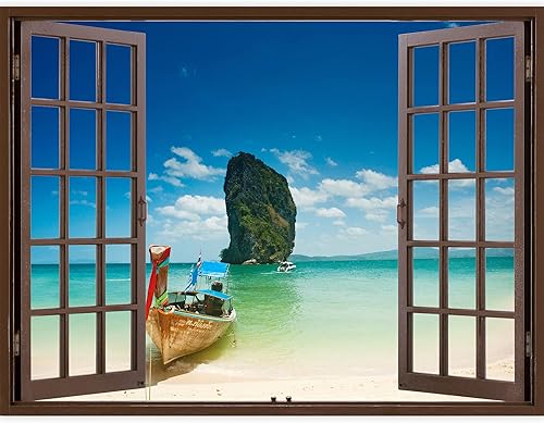 Miniatura 8 de IDEA4WALL Murales de pared para dormitorio, ventana falsa de playa, ventana marrón, papel tapiz extraíble, calcomanías de pared para despegar y