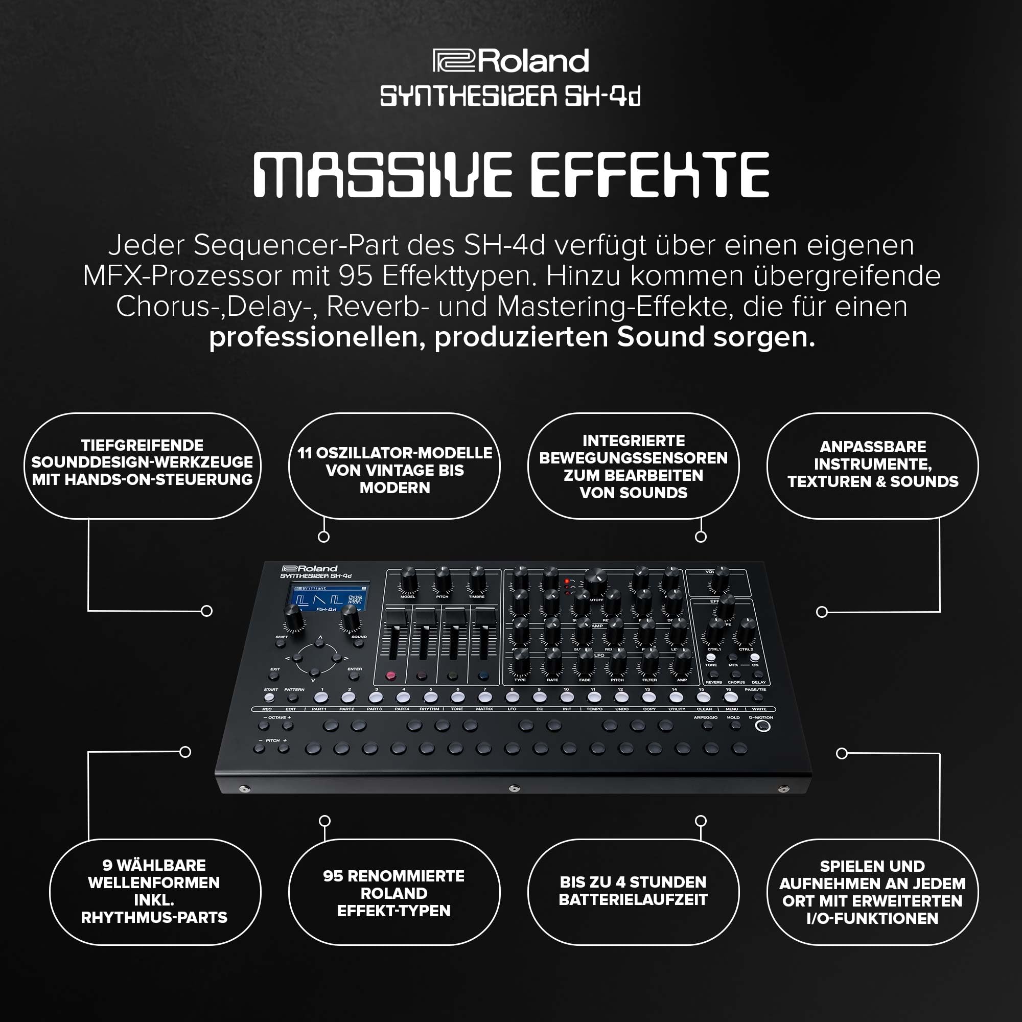 Roland SH-4d kompakter Desktop-Synthesizer | 11 OSC-Modelle | professionelle Sounddesign-Werkzeuge | geeignet für Studio & Live | Hands-On-Workflow | zahlreiche Effekte