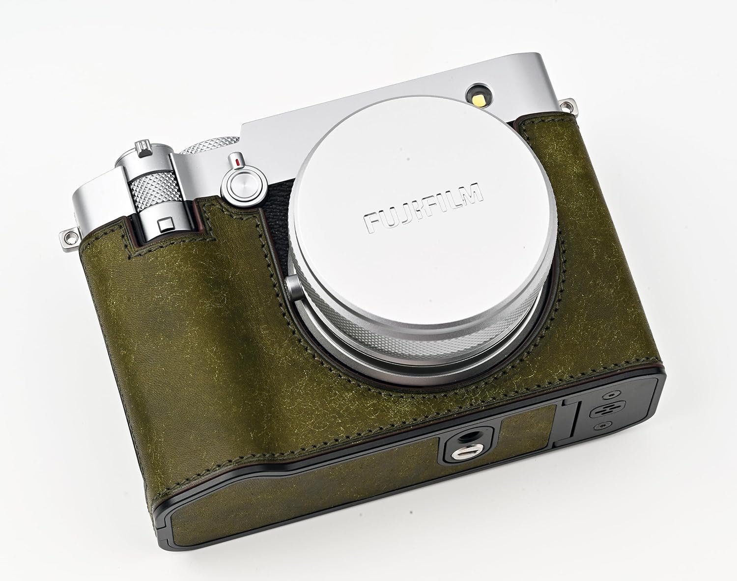 Handmade Genuine Leather Camera Half Case for Fujifilm GFX100RF/Fujifilm GFX100RF Case - Top Layer Cowhide Body + Metal Base Plate (Matte-Green)