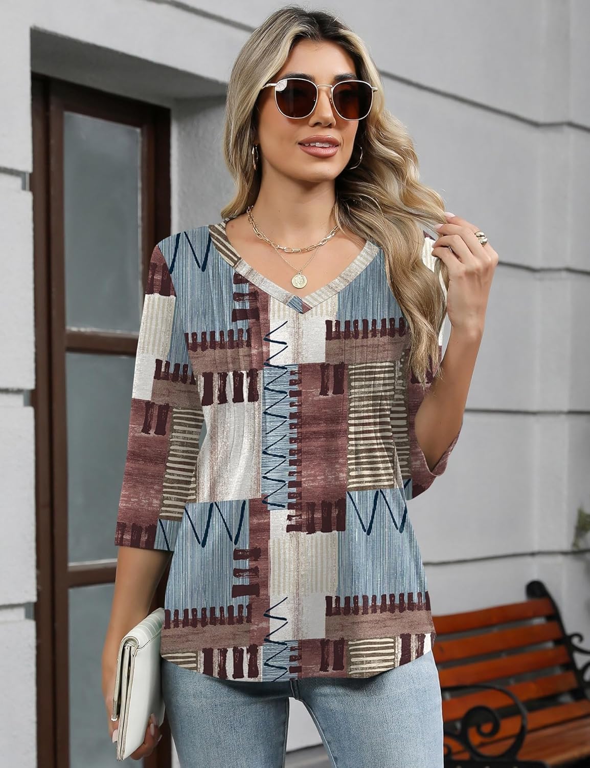 Romanstii Shirts for Women 2026 Spring 3/4 Length Sleeve Womens Tops Dressy Casual Pleated Blouses V Neck Tee Shirts S-3XL - Image 5