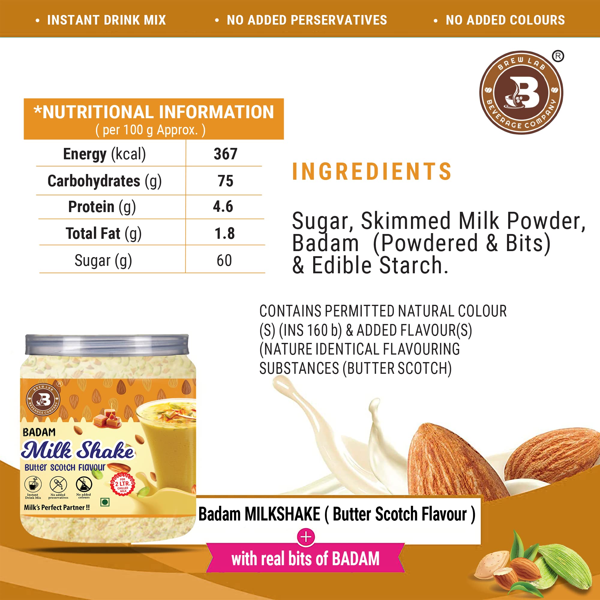 Brew Lab Butterscotch Badam Milkshake Mix Powder with Badam Bits 250 g 2