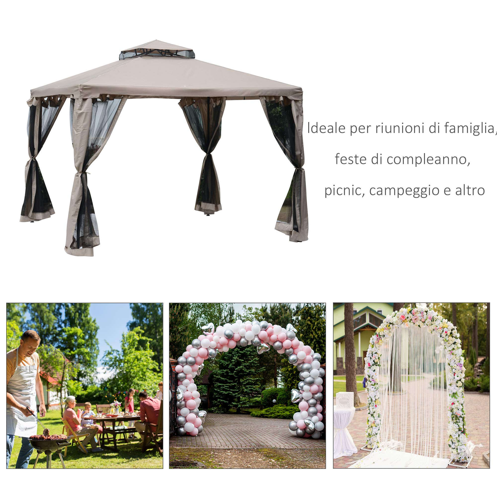 Outsunny Tenda Gazebo da Giardino 3x3m con Zanzariera, Struttura in Metallo e Copertura in Poliestere