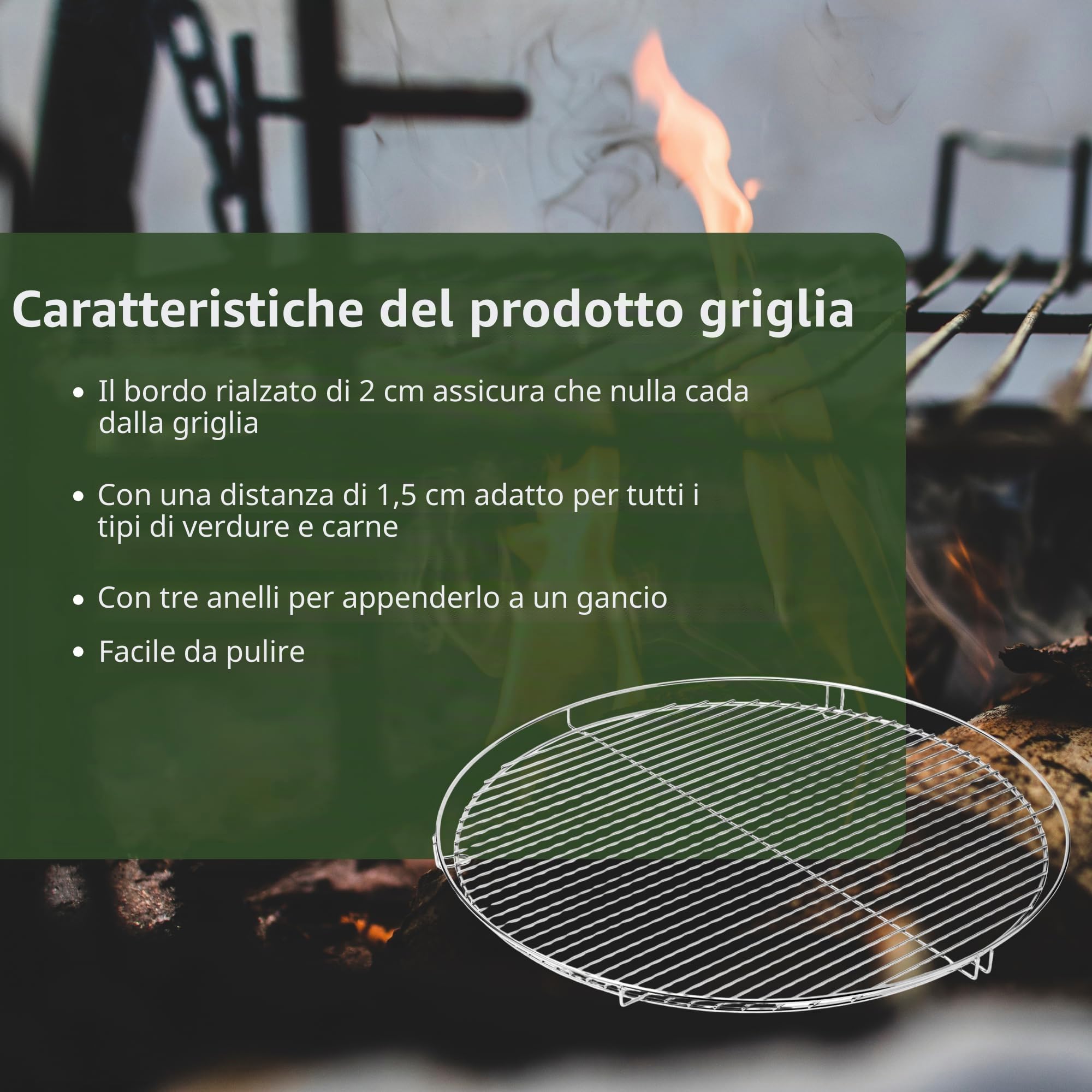 HeRo24 Griglia cromata da 70 cm, rotonda da appendere, per barbecue girevole e trifuso, anello esterno da 6 mm, aste da circa 4 mm, stabile griglia rotonda per braciere da giardino e campeggio.