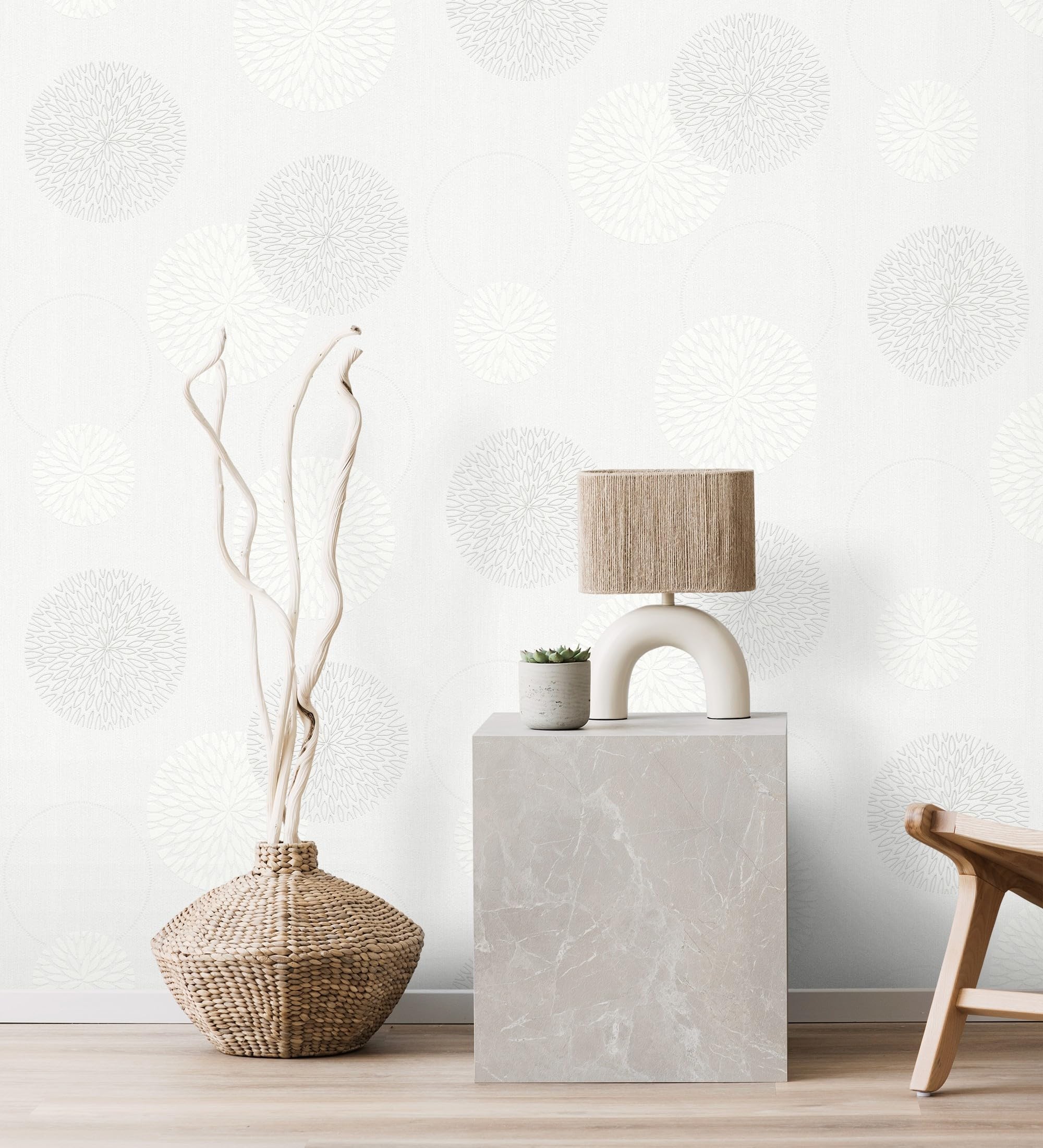 GAULAN 451900 - Papel pintado vinílico de círculos y flores geométricas gris claro relieve para pared salón cocina baño dormitorio pasillo - Rollo de 10 m x 0,53 m