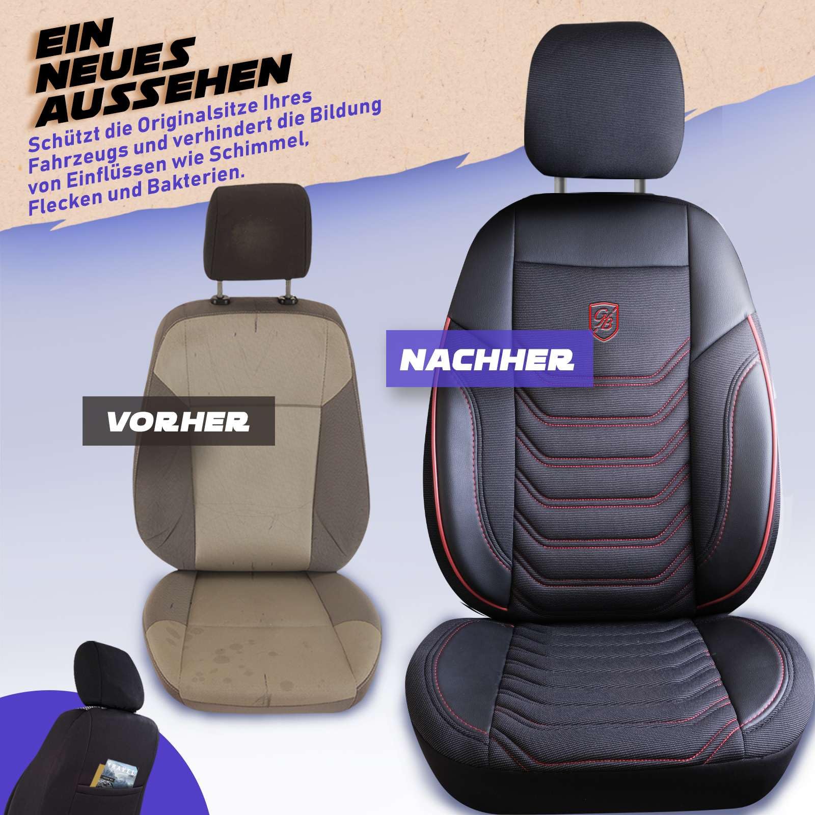 Autositzbezüge Universal für PKW & SUV - Premium Vordersitze Auto Sitzbezug aus Piqué-Stoff, Schwarz-Rot, Airbag-Kompatibel Sitzauflage, Autoschonbezug, Vordersitz-Set inkl. Montageset