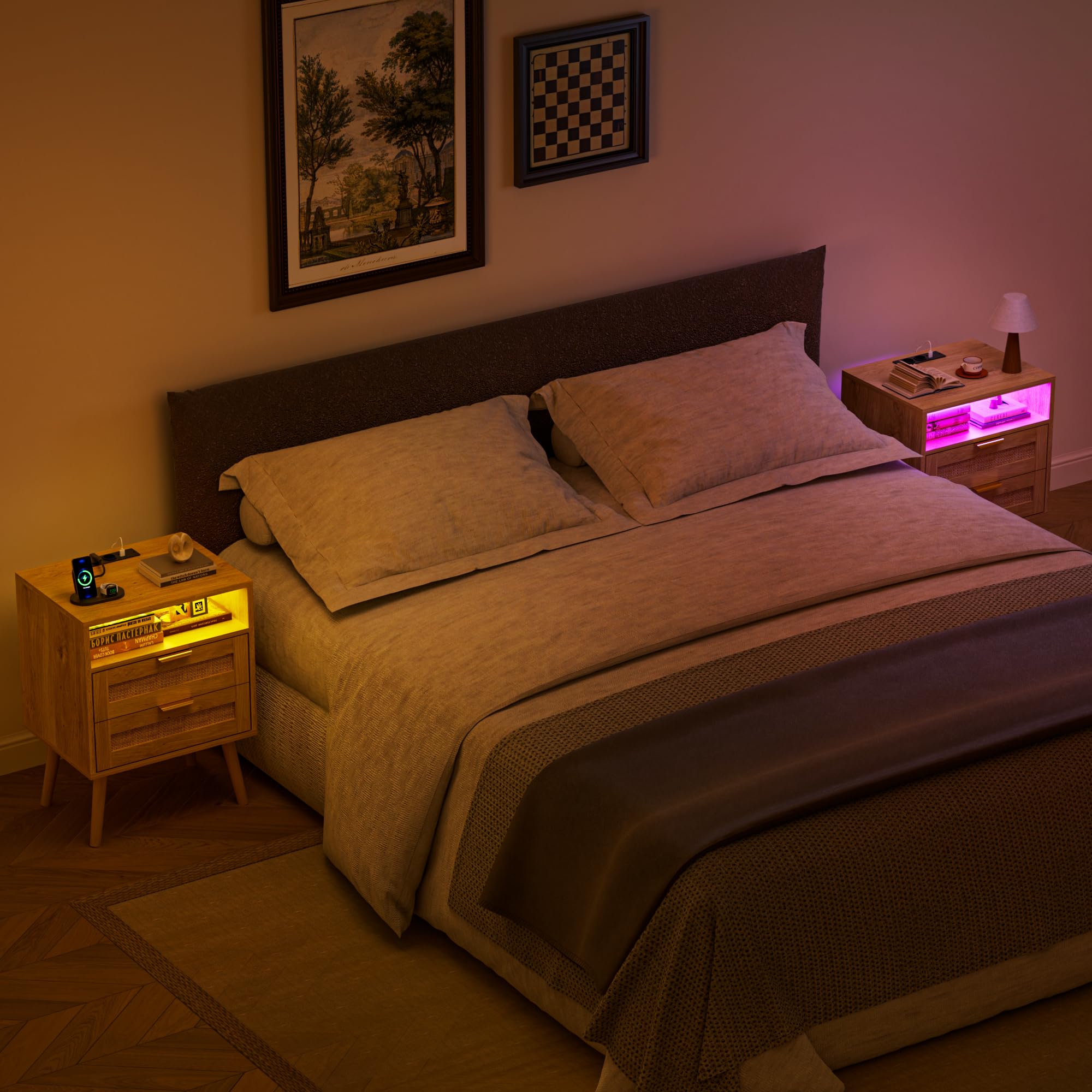 BonVache Rattan Nachttisch 2er Set, Farblich Einstellbares Licht, integrierter Steckdose und USB-A & C Anschlüssen, Offenem Fach und 2 Schubladen im Korbgeflecht-Stil, Massivholzfüßen